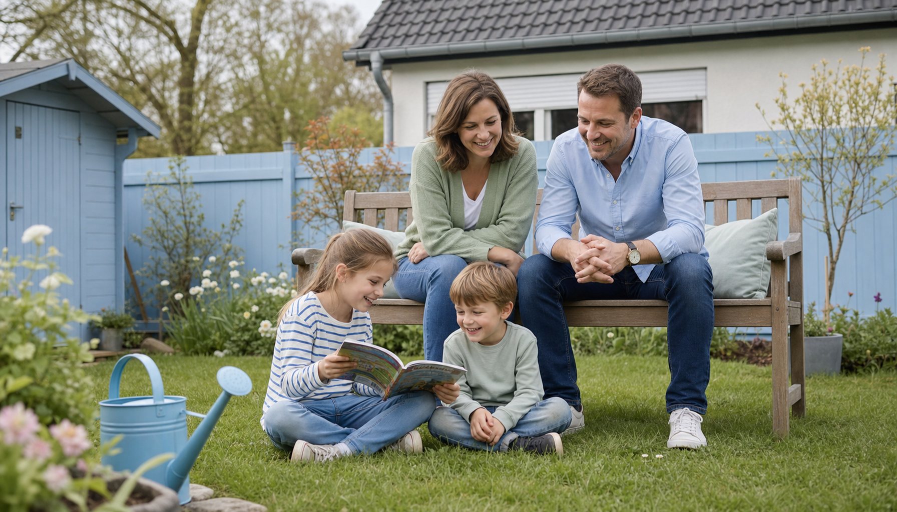 Familie mit zwei Kindern im hellen Frühlingsgarten; Eltern Anfang 40 auf Holzbank, Kinder im Gras vor ihnen, alle lachen. Hellblauer Gartenzaun und hellblaue Gießkanne als CI-Anker, im Hintergrund typisches deutsches Einfamilienhaus.