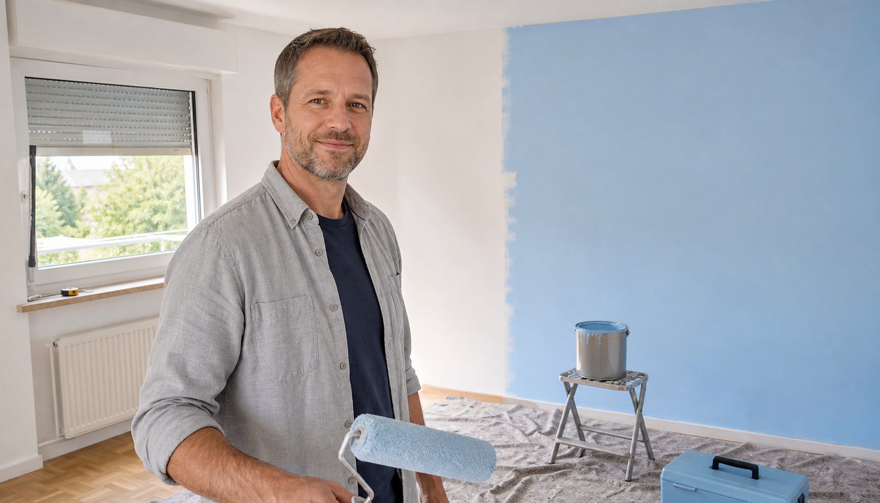 Mann Mitte 40 in hellgrauem Overshirt streicht eine Wand in einem hellen Raum hellblau; halb gestrichener Wandbereich, Tropftuch und Werkzeugkasten als CI-Anker.
