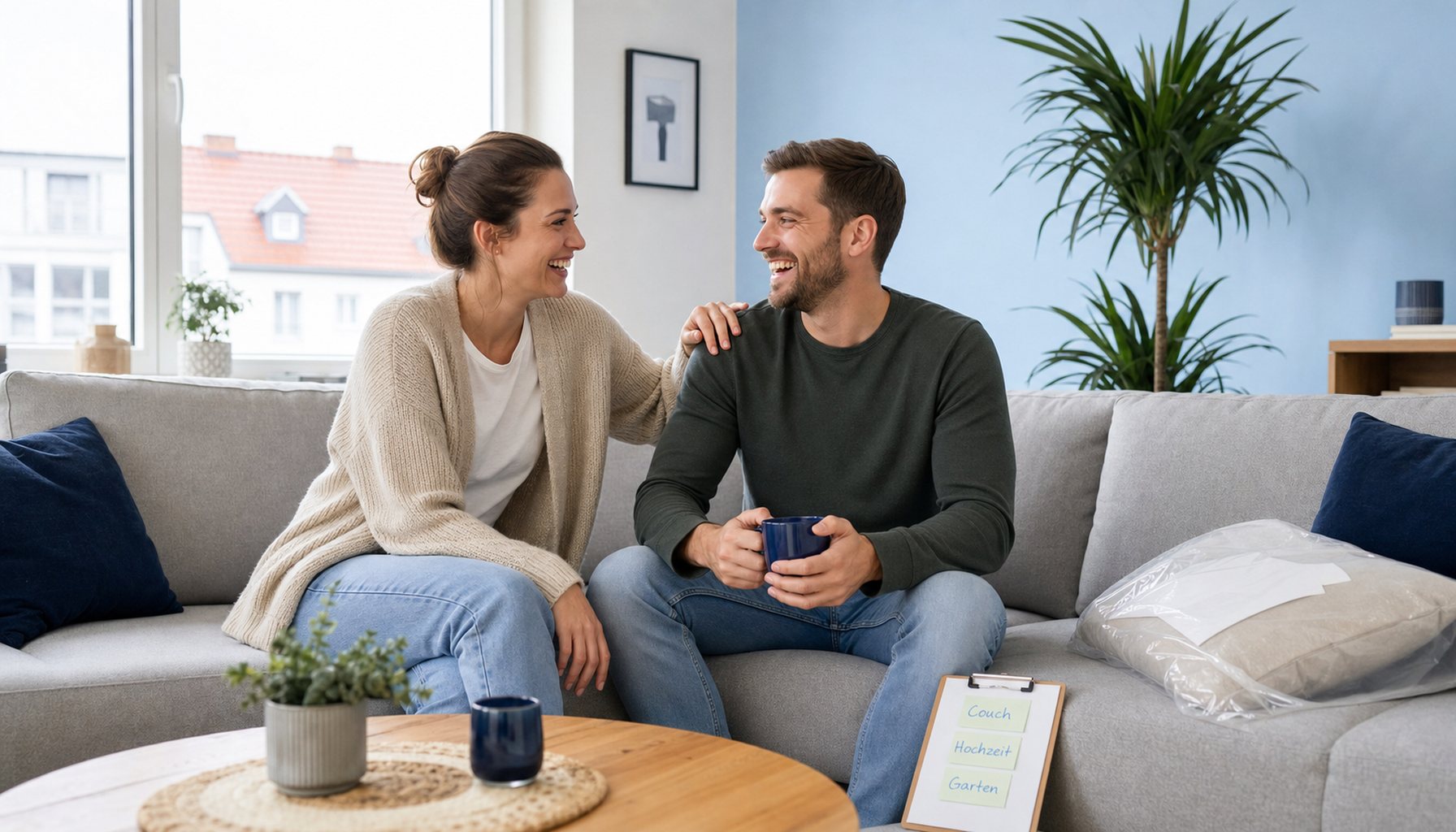 Junges Paar Anfang 30 sitzt lachend auf einer neuen großen hellgrauen Eckcouch in einem hellen Wohnzimmer mit hellblauer Akzentwand und großer Zimmerpflanze.