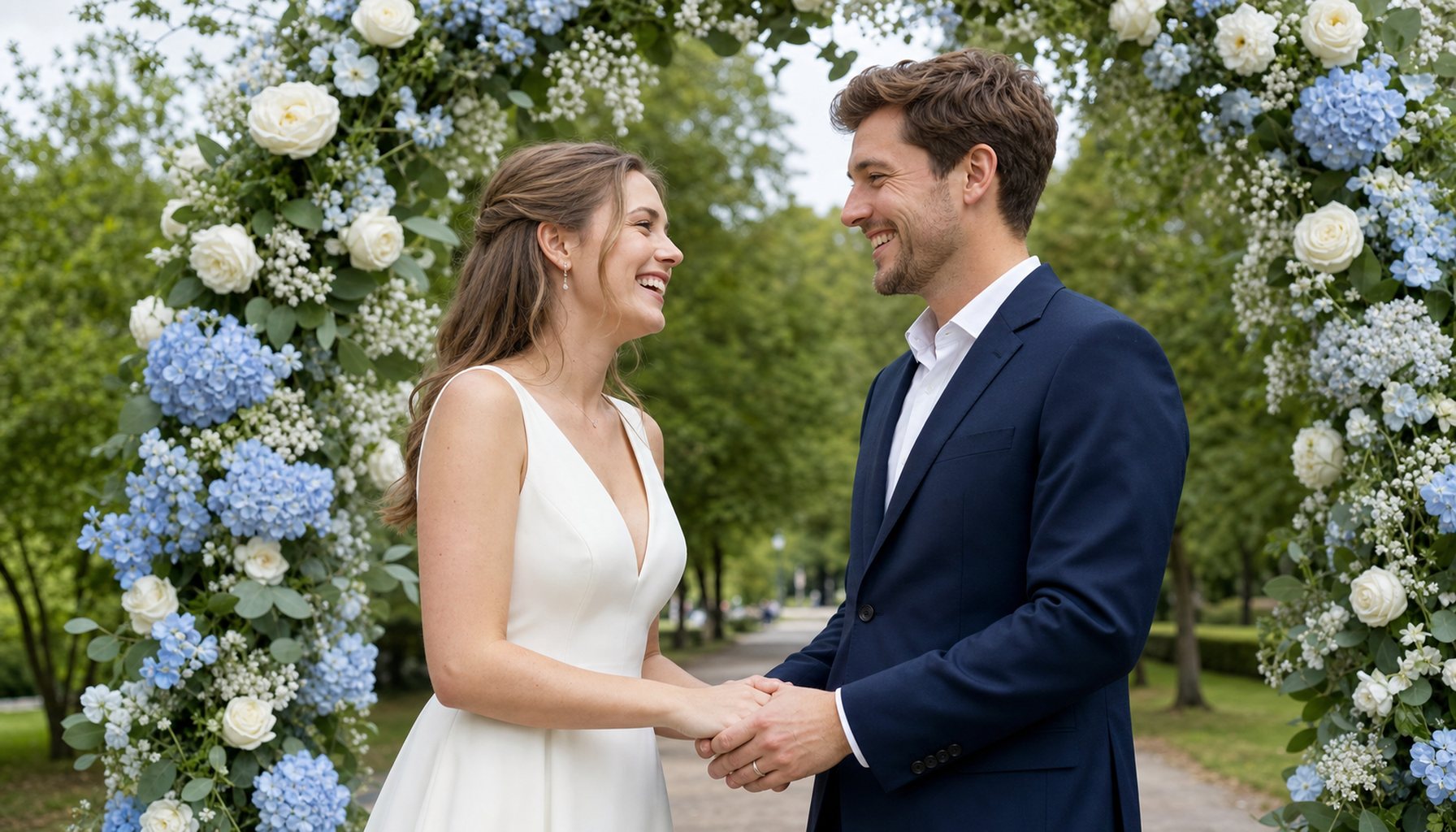 Junges Paar Ende 20 vor einem Blumenbogen in Weiß und Pastellblau in einem grünen deutschen Park; Brautkleid in Elfenbein, Bräutigam in navy Anzug ohne Krawatte, beide lachen sich an.