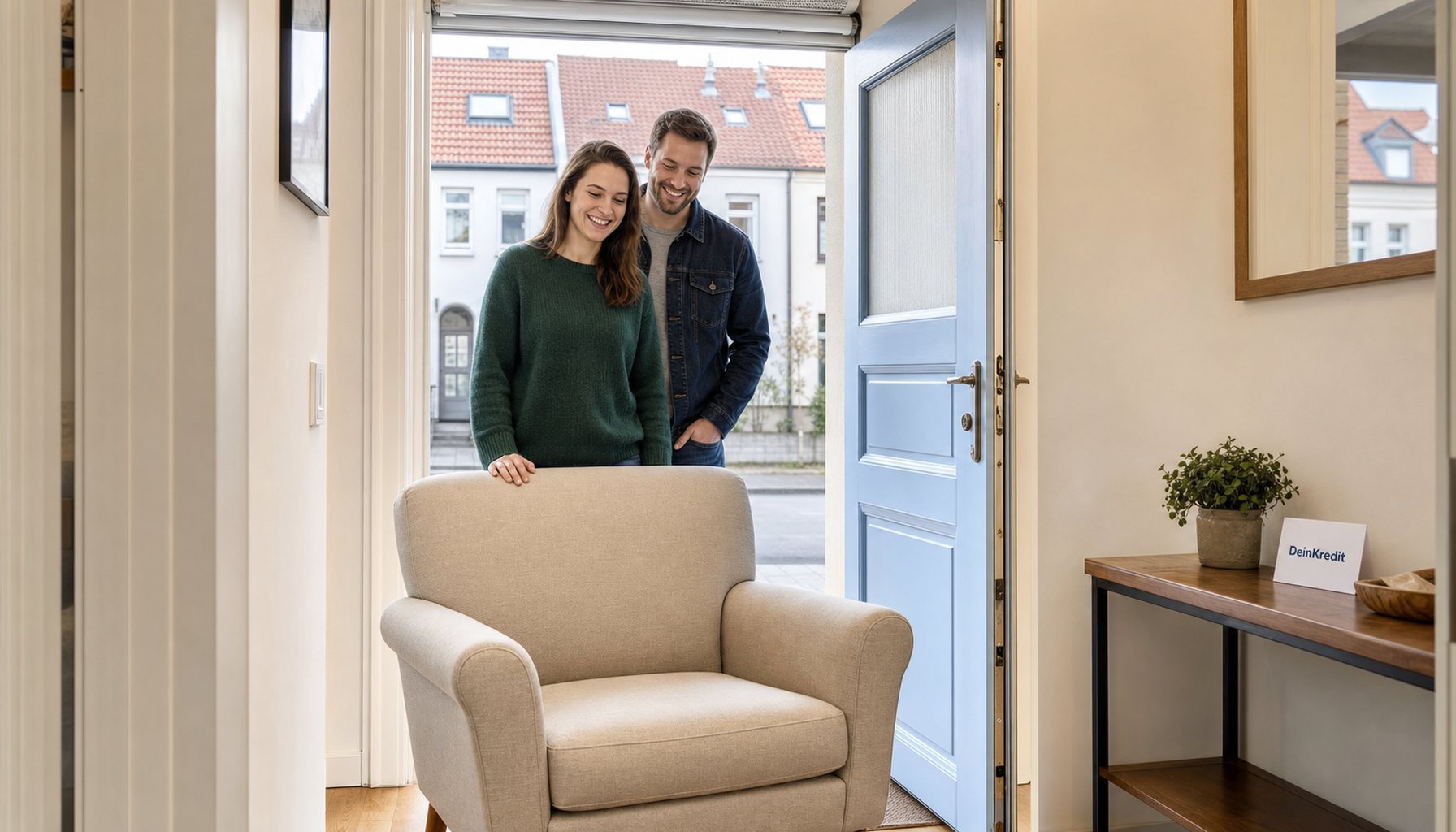 Paar Mitte 30 steht in einer offenen deutschen Reihenhaus-Haustür in CI-Hellblau, anonyme Lieferanten tragen einen beigen Polstersessel hinein; Augenkontakt, natürliches Lachen.