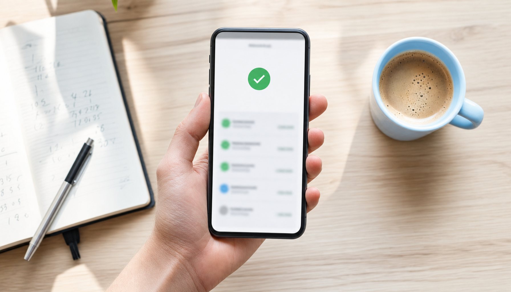 Nahaufnahme eines Smartphones in der Hand, Display zeigt eine generische Banking-Übersicht mit grünem Häkchen, daneben eine Kaffeetasse und ein offenes Notizbuch mit handschriftlichen Zahlen auf hellem Holztisch.