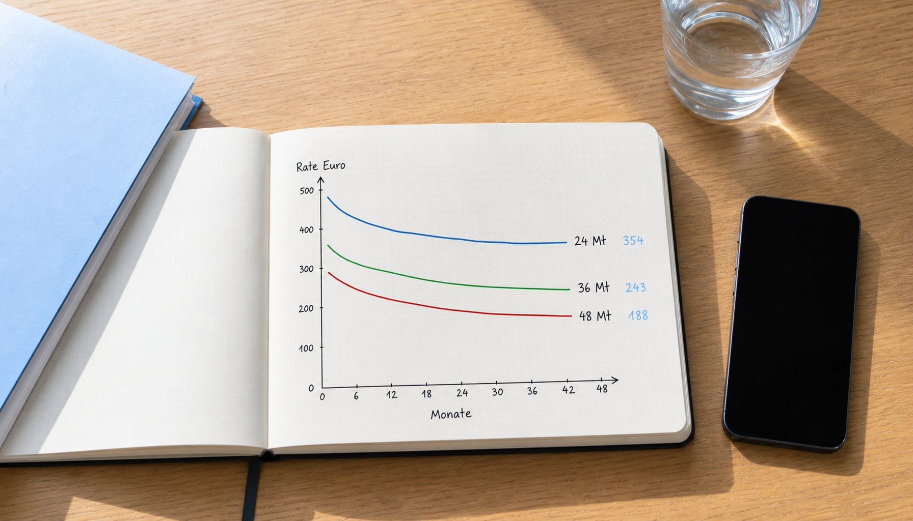 Aufgeräumter Schreibtisch mit Notizbuch, in dem ein Tilgungsverlauf-Diagramm mit Achsenbeschriftung Rate und Monate zu sehen ist, daneben ein Smartphone mit Banking-Übersicht, ein Glas Wasser und eine hellblaue Mappe.
