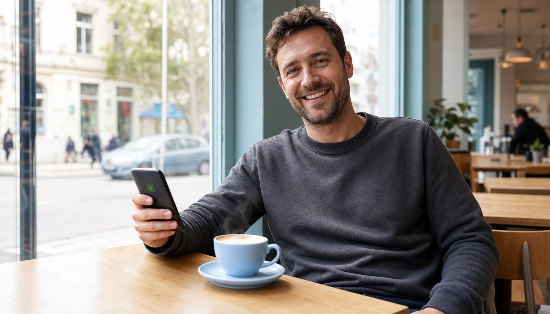 Mann Mitte 30 sitzt im modernen Café an einem hellen Holztisch, Smartphone in der Hand, ein Cappuccino daneben. Lächelt entspannt zur Kamera, im Hintergrund unscharf die hellblaue Glasfront des Cafés.