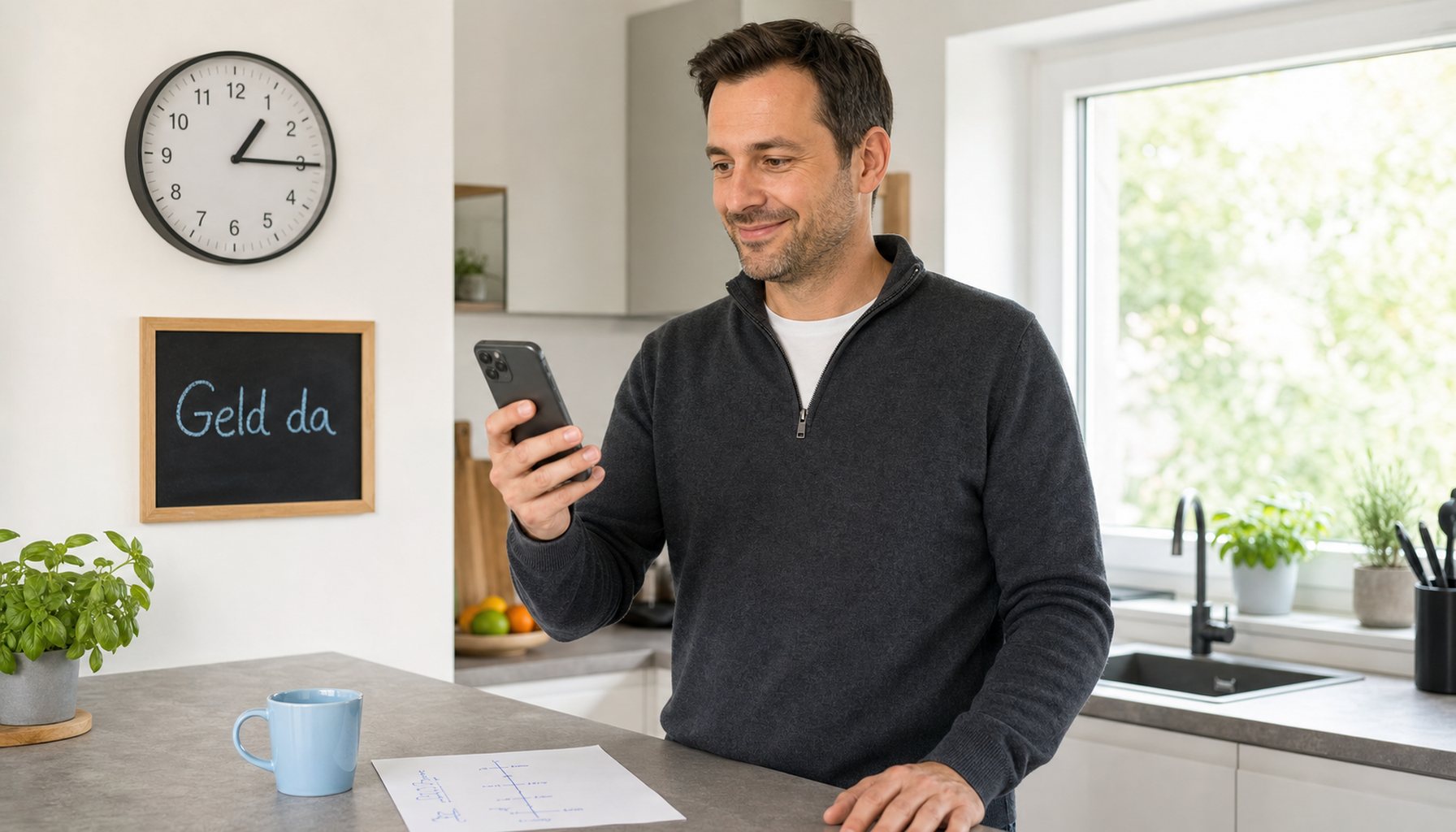 Mann Mitte 30 in anthrazitem Pullover steht in heller Küche, hält Smartphone mit Display zu sich, schaut entspannt auf das Gerät. Im Hintergrund eine Wanduhr auf 13:15 und eine Tafel mit Kreideschrift '89 Banken · 1 Antrag' in hellblauer Kreide, daneben eine hellblaue Tasse.