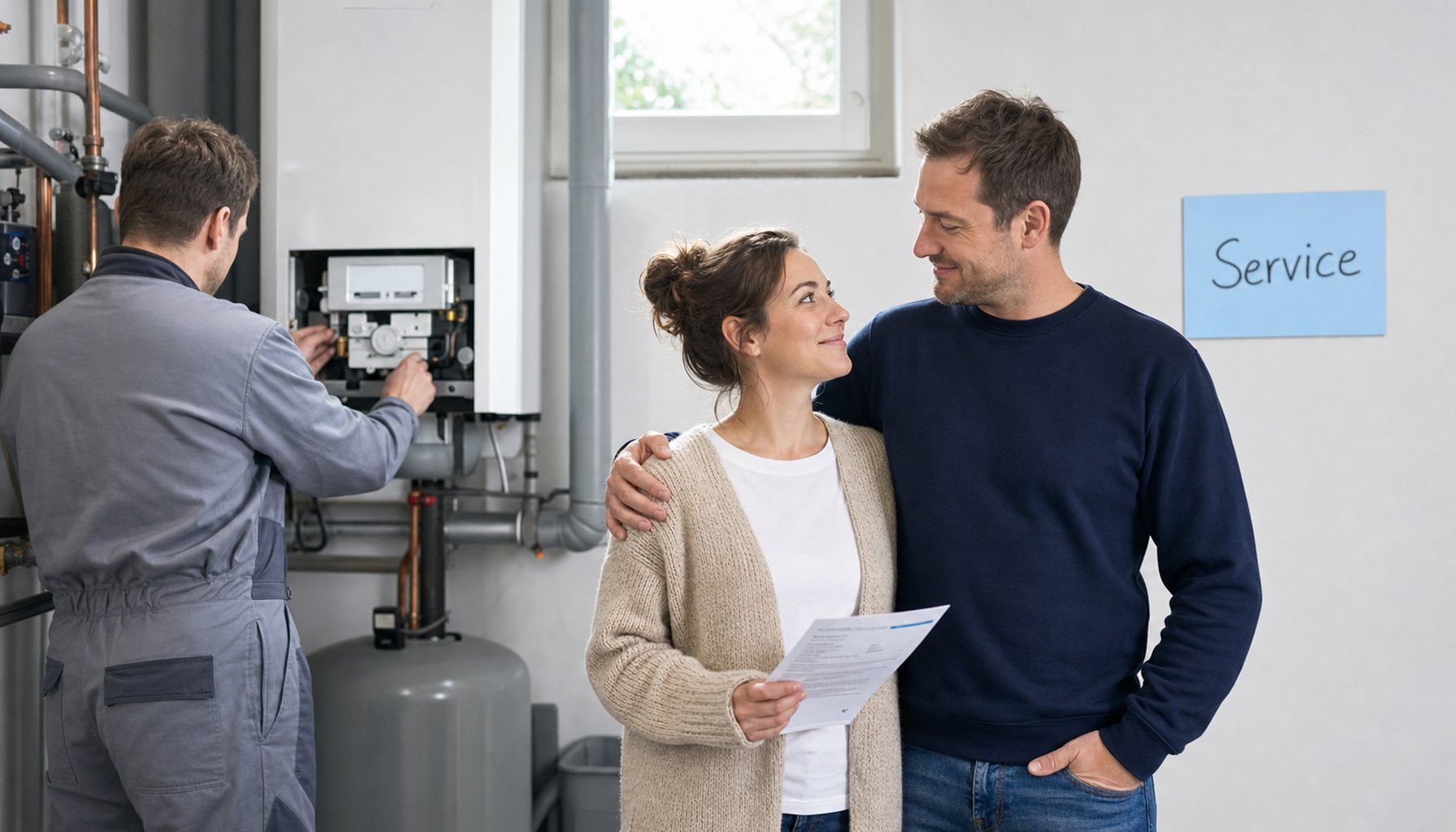 Paar Anfang 30 steht im hellen Heizungsraum eines deutschen Hauses, schaut erleichtert in Richtung eines anonymen Servicetechnikers, der gerade die moderne Gas-Heizung wartet. Ehefrau in beiger Strickjacke hält ein Vertragspapier, Mann in dunkelblauem Pullover hat den Arm um sie. Im Hintergrund eine hellblaue Service-Auftrag-Karte mit handschriftlichem 'Service-Auftrag erledigt'.