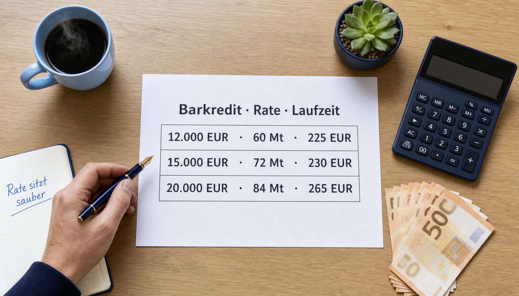 Top-Down-Stillleben auf hellem Eichen-Schreibtisch: ausgedruckte Tabelle mit Barkredit-Beispielen über 12.000, 15.000 und 20.000 Euro, ausgeschalteter Taschenrechner mit schwarzem Display, kleiner Stapel anonymisierter 50-Euro-Scheine, hellblaue Tasse und Notizbuch in hellblauer Schrift.