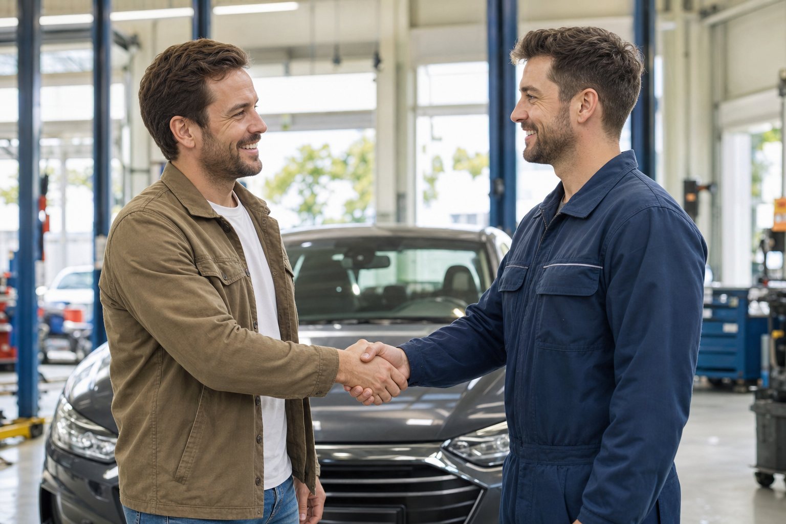 Zufriedener Kunde Mitte 30 und ein Kfz-Mechaniker im navyfarbenen Arbeitshemd geben sich in einer hellen Werkstatt vor einem Auto die Hand. Reparatur erledigt und unkompliziert bezahlt.