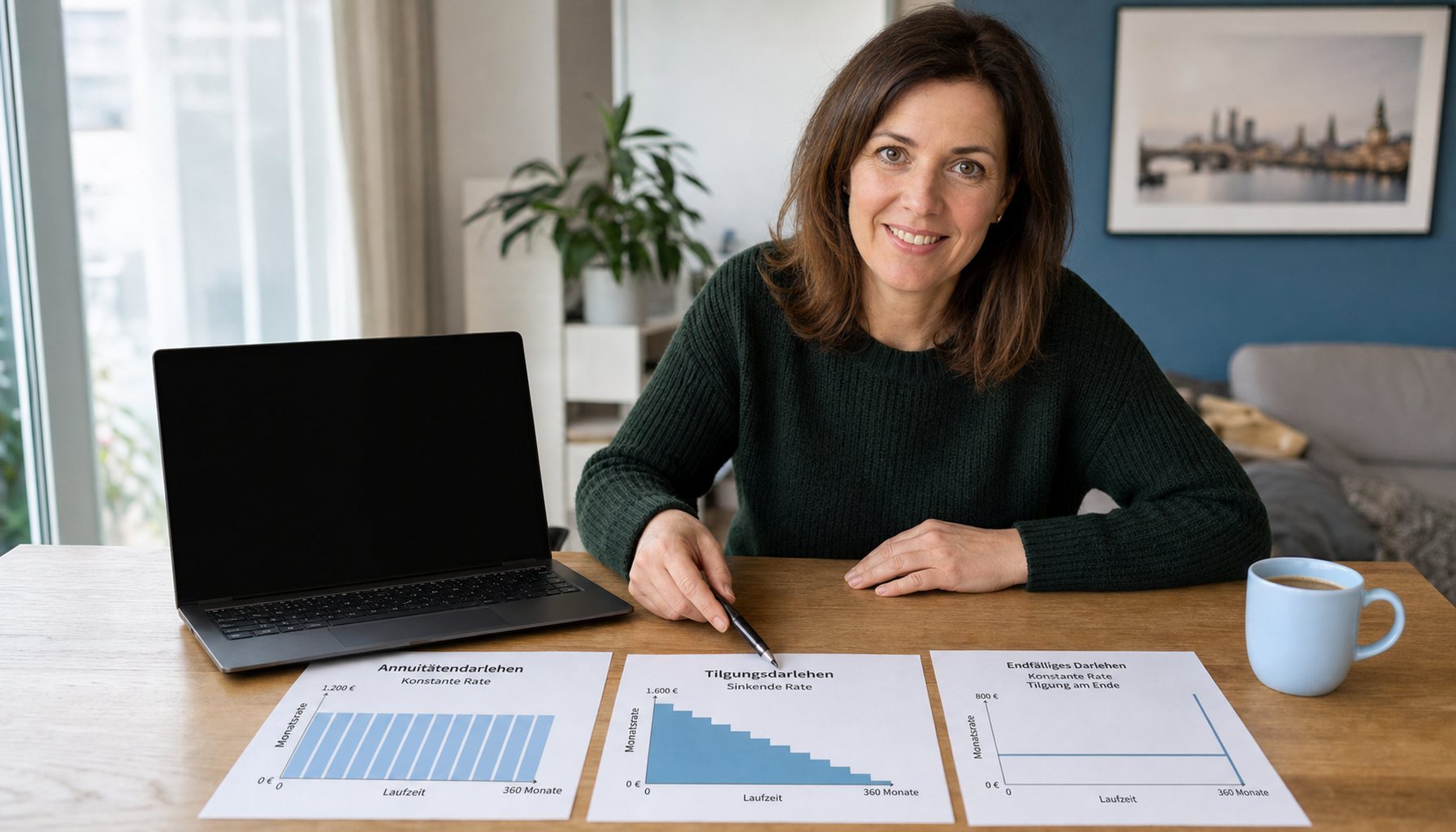 Frau Mitte 40 in dunkelgrünem Strickpullover sitzt an einem hellen Holztisch und zeigt mit dem Stift auf eines von drei beschrifteten Diagrammen (Annuität, Tilgung, endfällig). Der Laptop daneben ist ausgeschaltet. Hellblaue Kaffeetasse als CI-Anker.