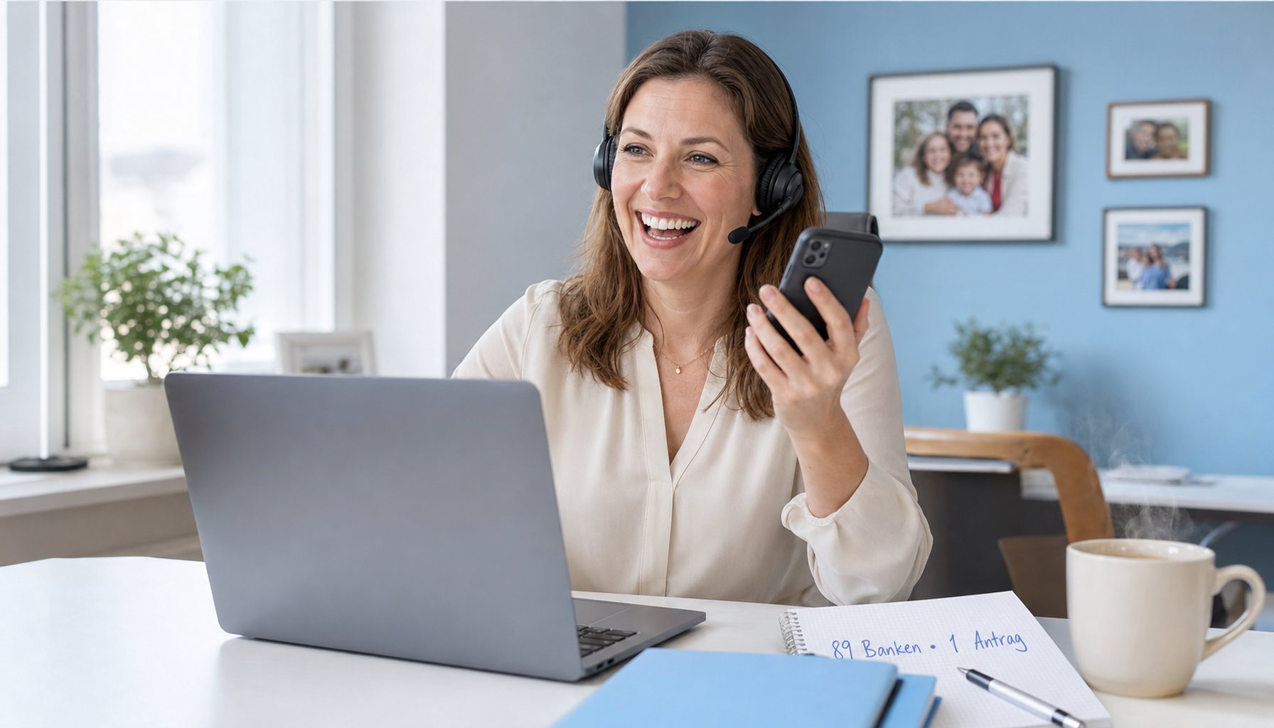 Frau Mitte 30 in cremefarbener Bluse sitzt am Schreibtisch im Home-Office, lacht herzlich beim Video-Call mit einem Berater. Laptop in normaler Arbeitsposition, Notizbuch mit handschriftlichen Eckdaten in hellblauer Tinte, hellblaue Mappe als CI-Anker.