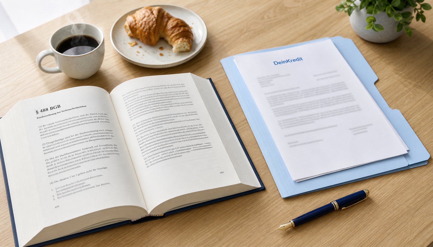 Aufgeschlagenes BGB-Buch zeigt § 488 BGB, daneben eine hellblaue Vertragsmappe mit dezenter DeinKredit-Drucksache, Füllfederhalter und Kaffeetasse auf hellem Eichen-Schreibtisch.