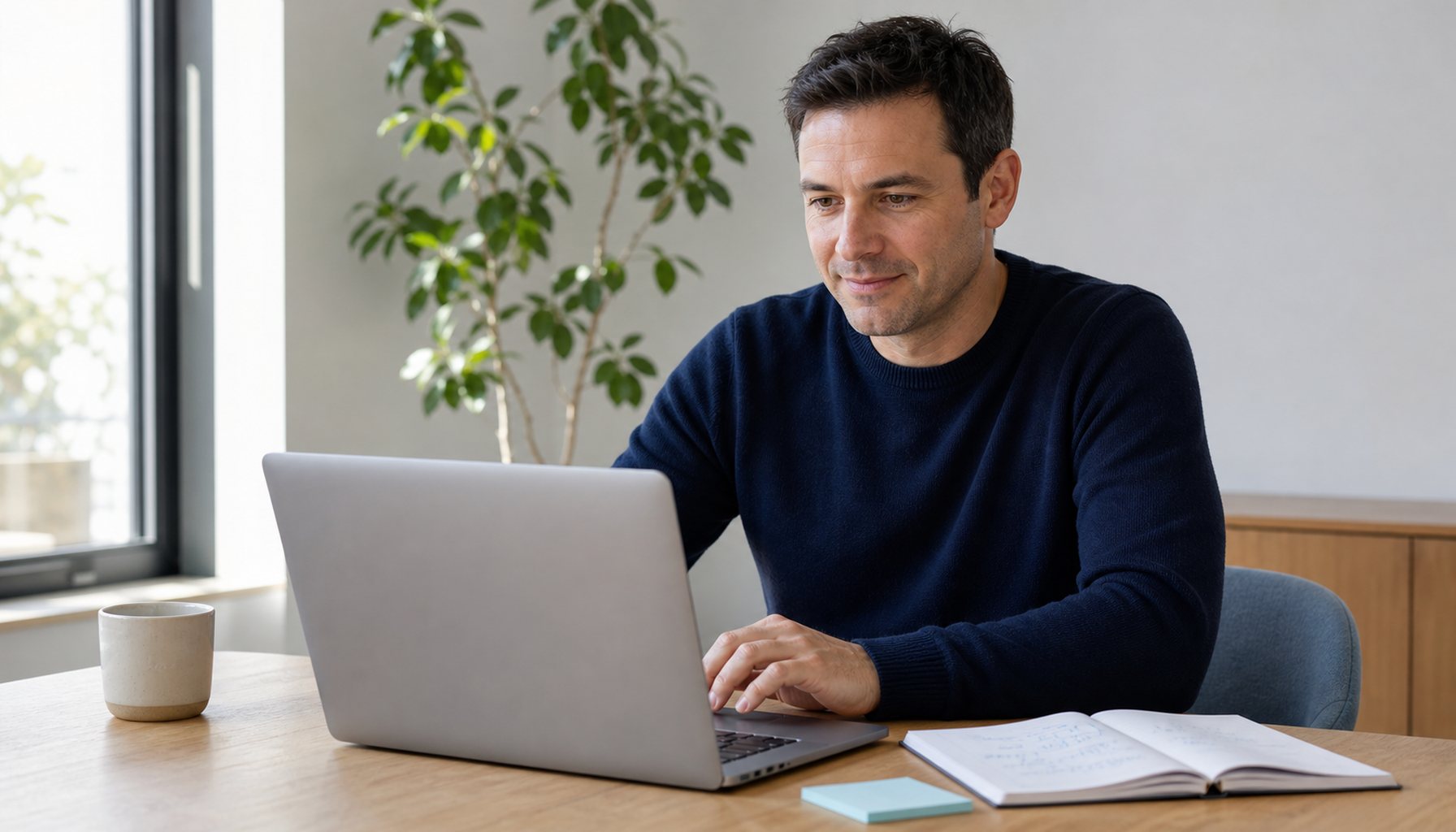 Mann Anfang 40 in mattem dunkelblauen Pullover sitzt am Holztisch und rechnet seinen günstigen Kredit am Laptop durch. Notizbuch mit handschriftlichen Zahlen in hellblauer Tinte und hellblauer Post-It als CI-Akzent. Im Hintergrund eine Schiefertafel mit Kreide-Notiz '0,8 - 2,5 % Ersparnis'.