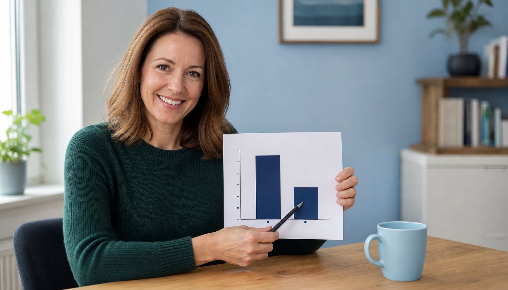 Frau Mitte 40 in dunkelgrünem Strickpullover sitzt am Holztisch und zeigt mit dem Stift auf ein klar beschriftetes Balken-Diagramm: hoher Balken 'Hausbank 7,20 % · 2.870 € Zinskosten' und niedrigerer Balken 'DeinKredit-Vergleich 4,29 % · 1.640 € Zinskosten'. Kaffeetasse in CI-Hellblau als Anker.