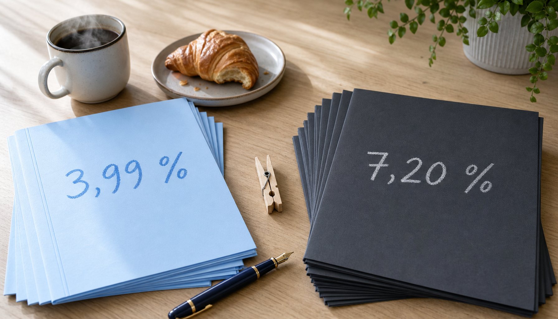 Zwei aufgefächerte Vertragsmappen auf einem hellen Eichen-Schreibtisch: links hellblaue Mappe mit handschriftlicher Aufschrift '3,99 %', rechts anthrazitfarbene Mappe mit '7,20 %'. Daneben Kaffeetasse, Croissant und Füllfederhalter in Navy.