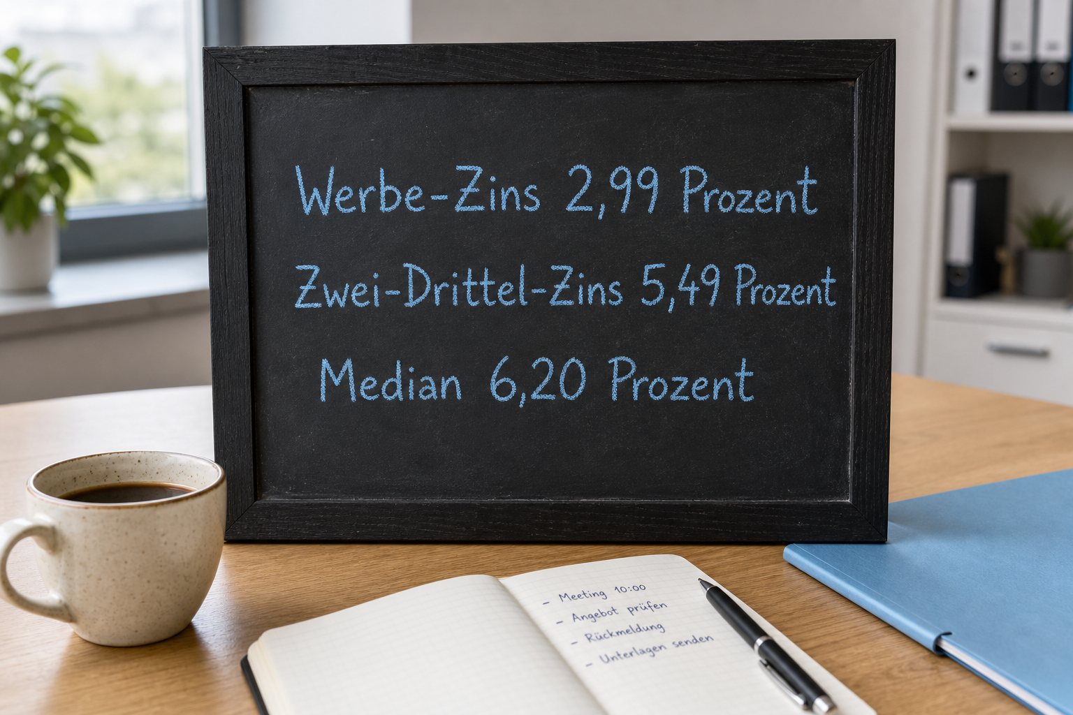 Schwarze Schiefertafel mit hellblauer Kreide-Schrift: 'Werbe-Zins 2,99 % · 2/3-Zins 5,49 % · Median 6,20 %'. Daneben Notizbuch mit hellblauer Tinte, Kaffeetasse in CI-Hellblau und Füllfederhalter in Navy auf hellem Eichen-Schreibtisch.