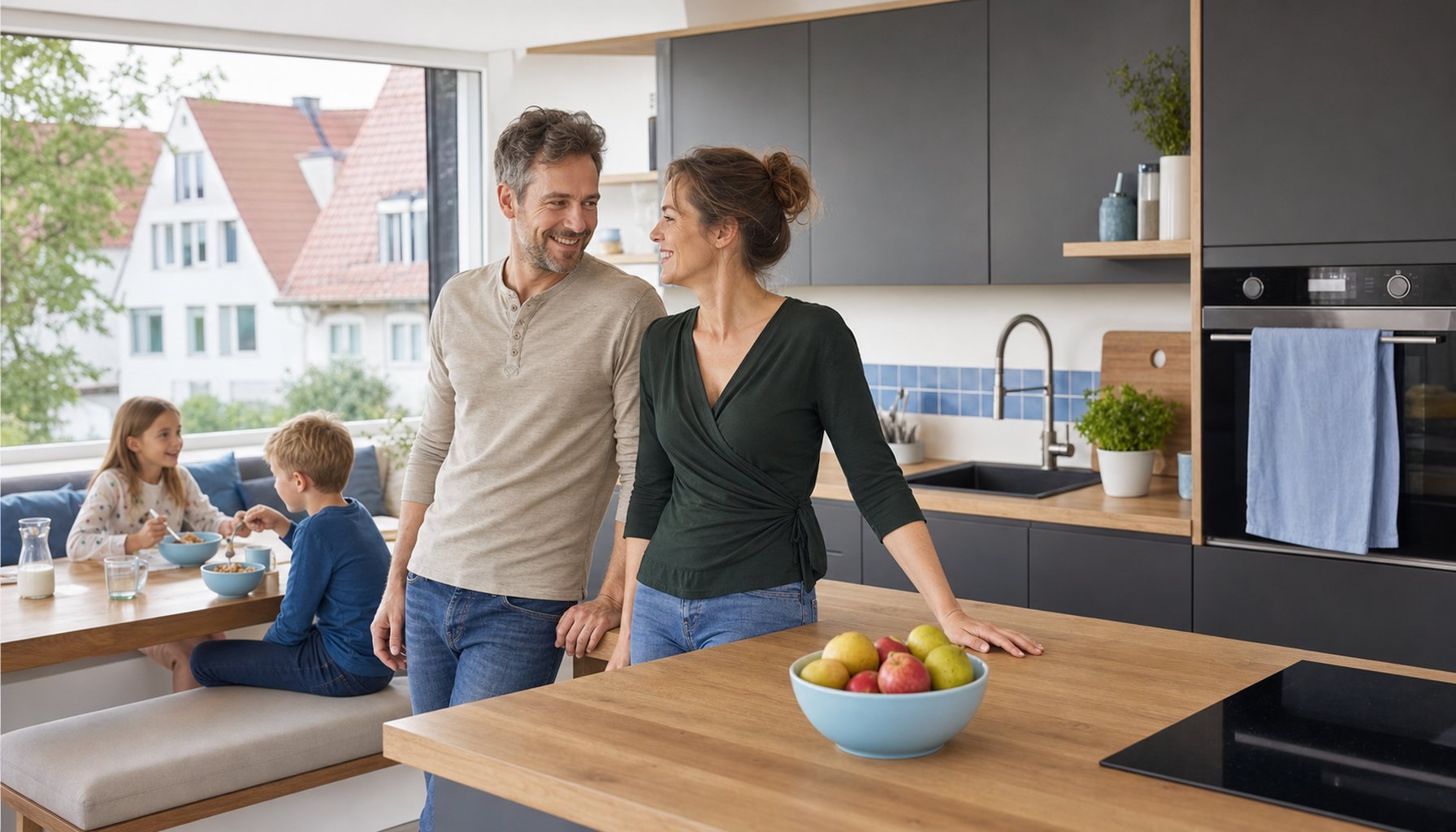 Familie mit zwei Kindern an heller Wohnküche mit anthrazitfarbener Front und Eichen-Arbeitsplatte; Eltern Anfang 40 lehnen sich an die Insel, lachen, Kinder am Tisch mit Müsli-Schalen. Hellblauer Geschirrtuch-Akzent über dem Backofen-Griff und hellblaue Wandfliesen-Schmuckreihe als CI-Anker. Echtes natürliches Lächeln mit Zähnen erlaubt, alle Augen klar geöffnet.