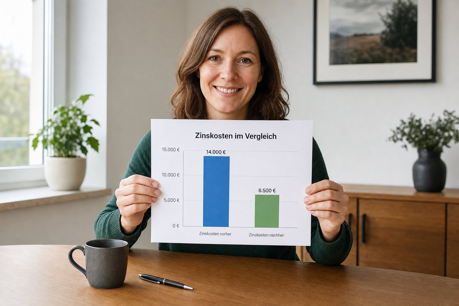 Frau Mitte 20 (Lisa-Profil) in cremebeigem Strickpullover sitzt seitlich an einem hellen Eichen-Schreibtisch, schreibt mit Stift in ein aufgeschlagenes Notizbuch handschriftliche Einnahmen-/Ausgaben-Liste. Daneben hellblaue Keramiktasse, Taschenrechner (Display aus), Stapel anonymisierter Kontoauszüge. Blick konzentriert auf das Notizbuch, klar geöffnete Augen sichtbar. Im Hintergrund hellblauer Vorhang als CI-Akzent.