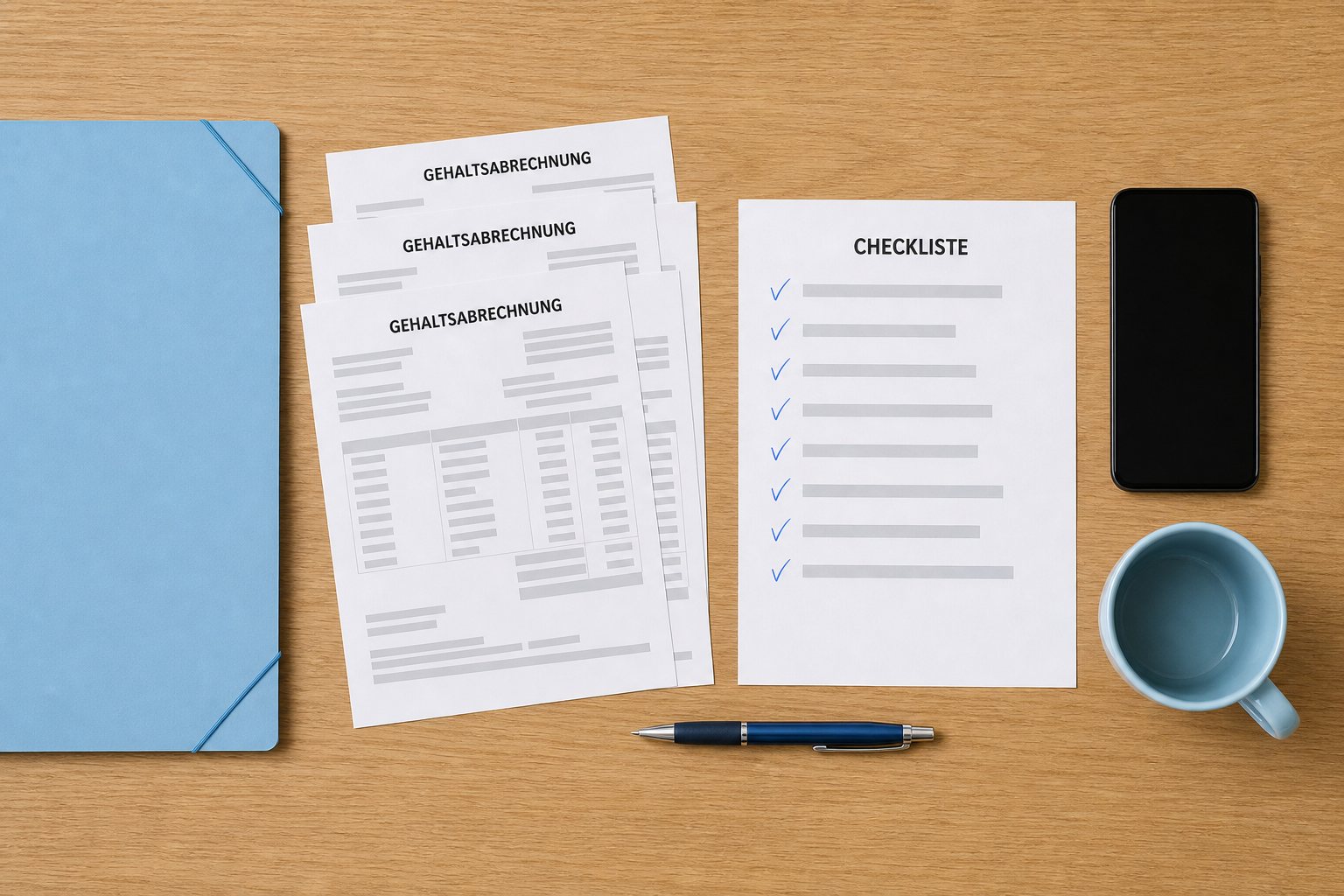 Aufgefächerte anonymisierte Gehaltsabrechnungen, Personalausweis (anonymisiert), zwei leere Kontoauszüge, Stift und Smartphone (Bildschirm aus) auf hellem Eichen-Schreibtisch. Hellblaue Keramiktasse und hellblaue DeinKredit-Mappe als CI-Anker. Komposition flach von oben, ohne Personen.