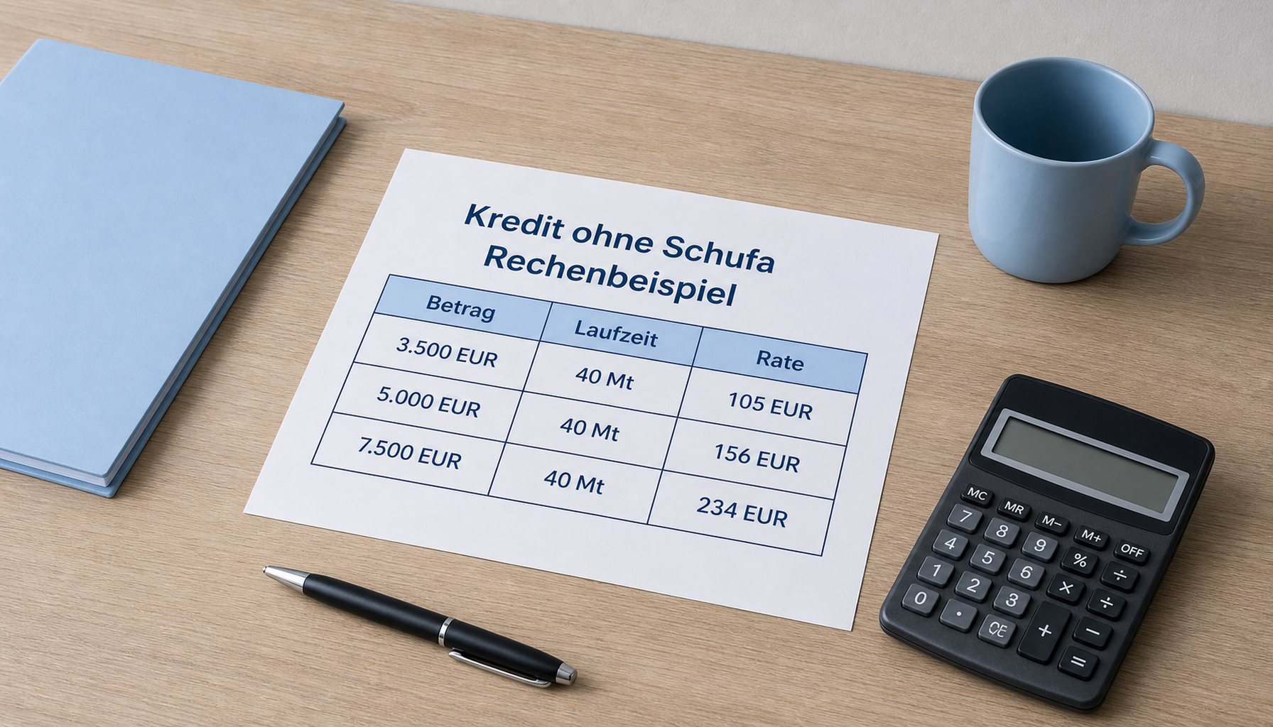Bedrucktes A4-Sheet 'Kredit ohne Schufa · Rechenbeispiel' auf hellem Eichen-Tisch mit lesbarer Tabelle: 3.500 € · 40 Mt · 105 € | 5.000 € · 40 Mt · 156 € | 7.500 € · 40 Mt · 234 €. Daneben Taschenrechner mit ausgeschaltetem Display und hellblaue DeinKredit-Mappe.