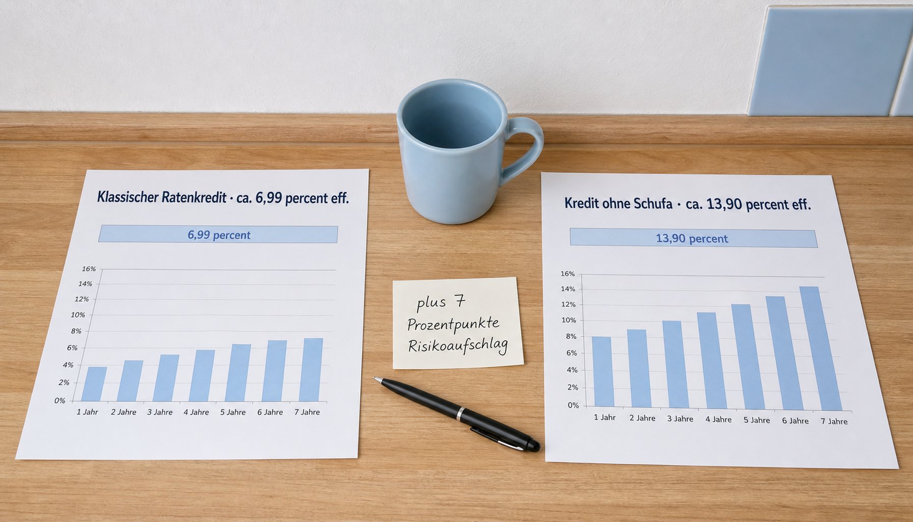 Zwei nebeneinander liegende Info-Sheets auf hellem Holz: links 'Klassischer Ratenkredit · ca. 6,99 % eff.' mit beschriftetem Balken '6,99 %', rechts 'Kredit ohne Schufa · ca. 13,90 % eff.' mit beschriftetem Balken '13,90 %'. Dazwischen hellblaue Tasse und Notiz '+ 7 Prozentpunkte Risikoaufschlag'.