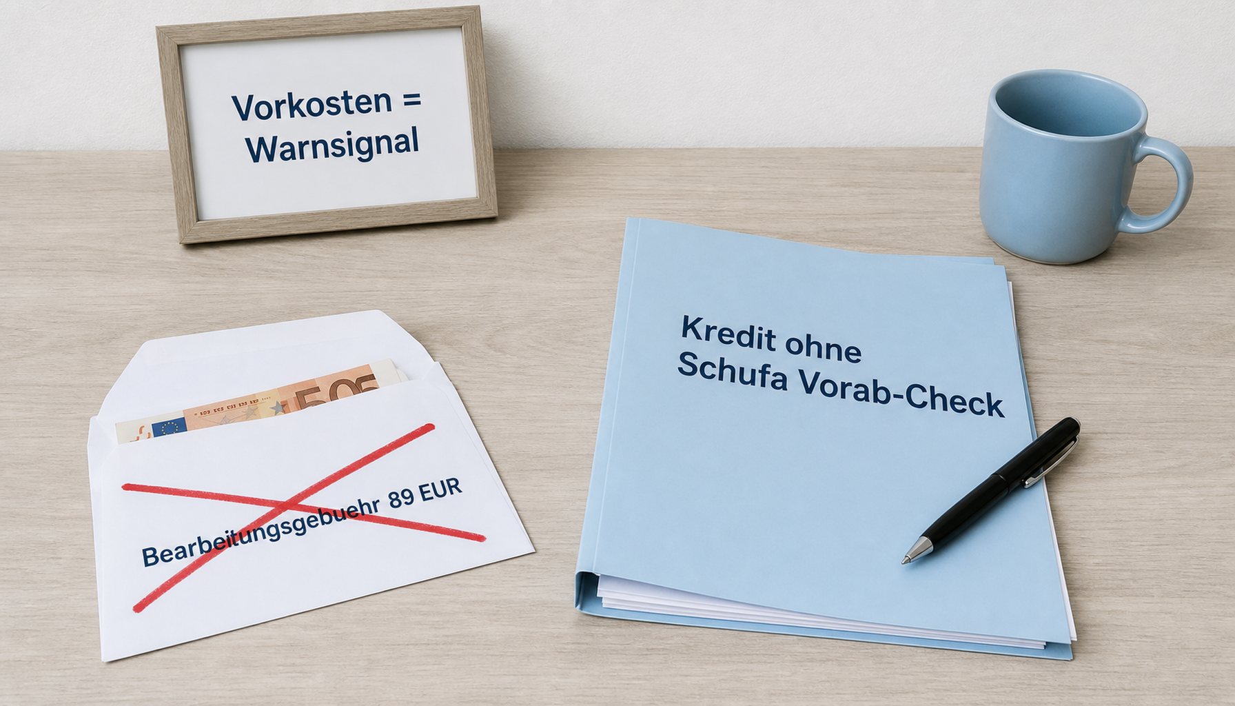 Sachliche Schreibtisch-Szene: links ein Umschlag 'Bearbeitungsgebühr 89 €' mit Schein, klar rot durchgestrichen; rechts eine hellblaue Mappe 'Kredit ohne Schufa – DeinKredit Vorab-Check' und ein gerahmter Hinweis 'Vorkosten = Warnsignal' in dunklem Navy. Keine Personen im Bild.
