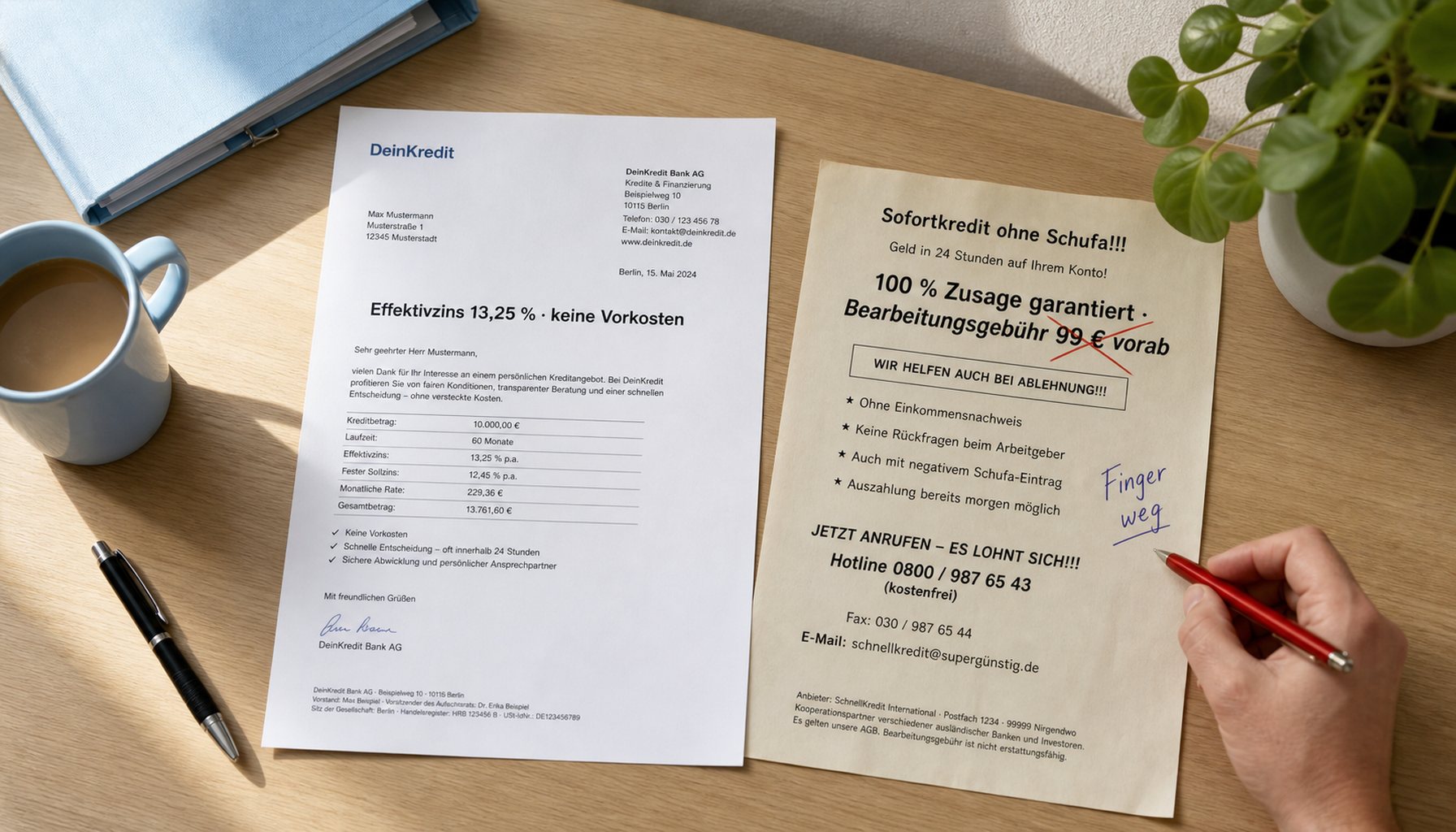 Zwei ausgedruckte Briefe nebeneinander: links seriöses Bankschreiben Effektivzins 13,25 % · keine Vorkosten mit dezentem DeinKredit-Briefkopf; rechts dubioses Schreiben 100 % Zusage garantiert · Bearbeitungsgebühr 99 € vorab mit roter Durchstreichung und handschriftlichem Vermerk Finger weg in navy Tinte.
