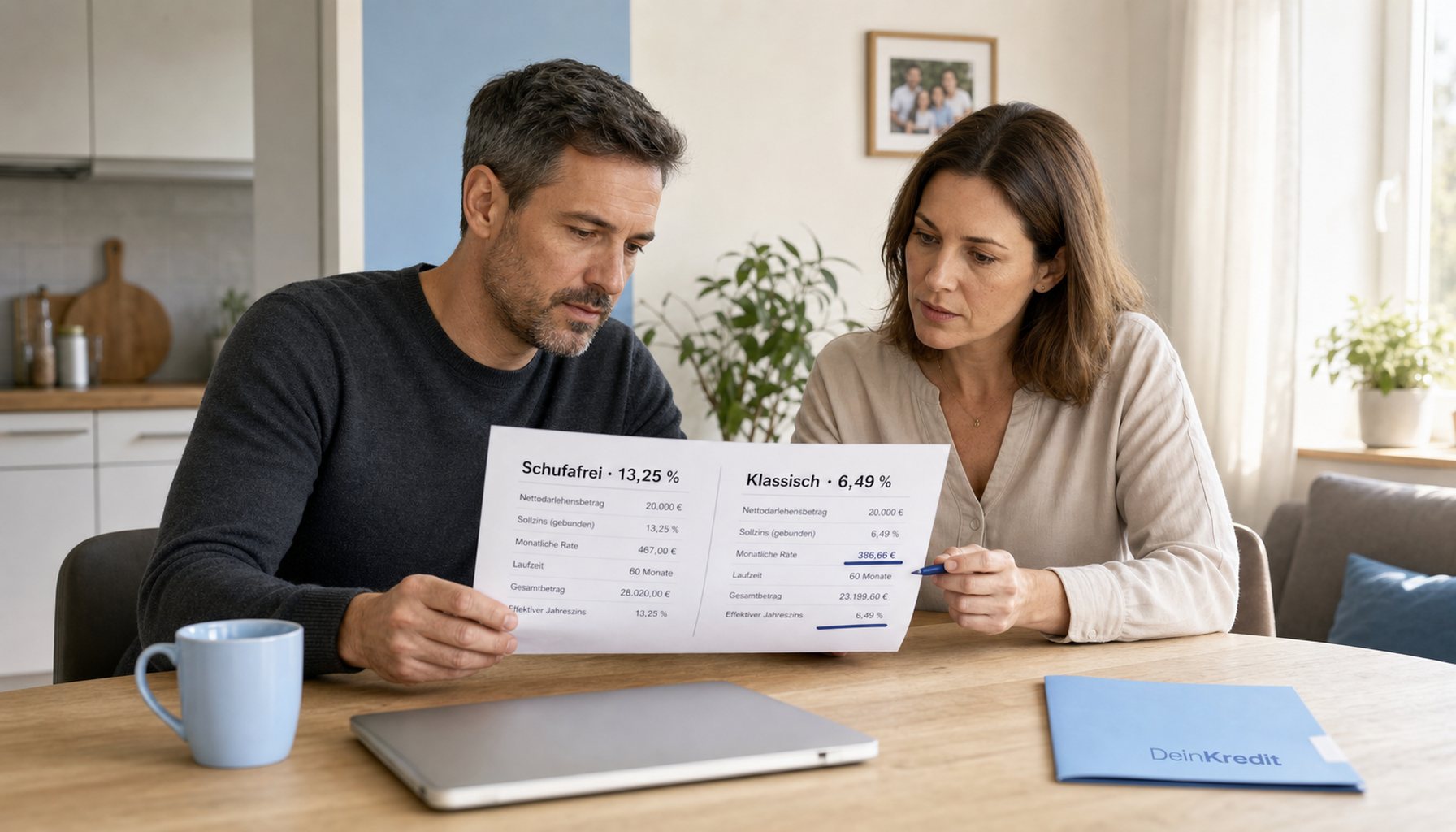 Paar Mitte 40 am hellen Eichentisch beim Vergleich zweier Kreditangebote auf Papier: Schufafrei · 13,25 Prozent und Klassisch · 6,49 Prozent, navy Unterstreichung beim klassischen Angebot. Laptop geschlossen, hellblaue Mappe und Tasse als CI-Anker.