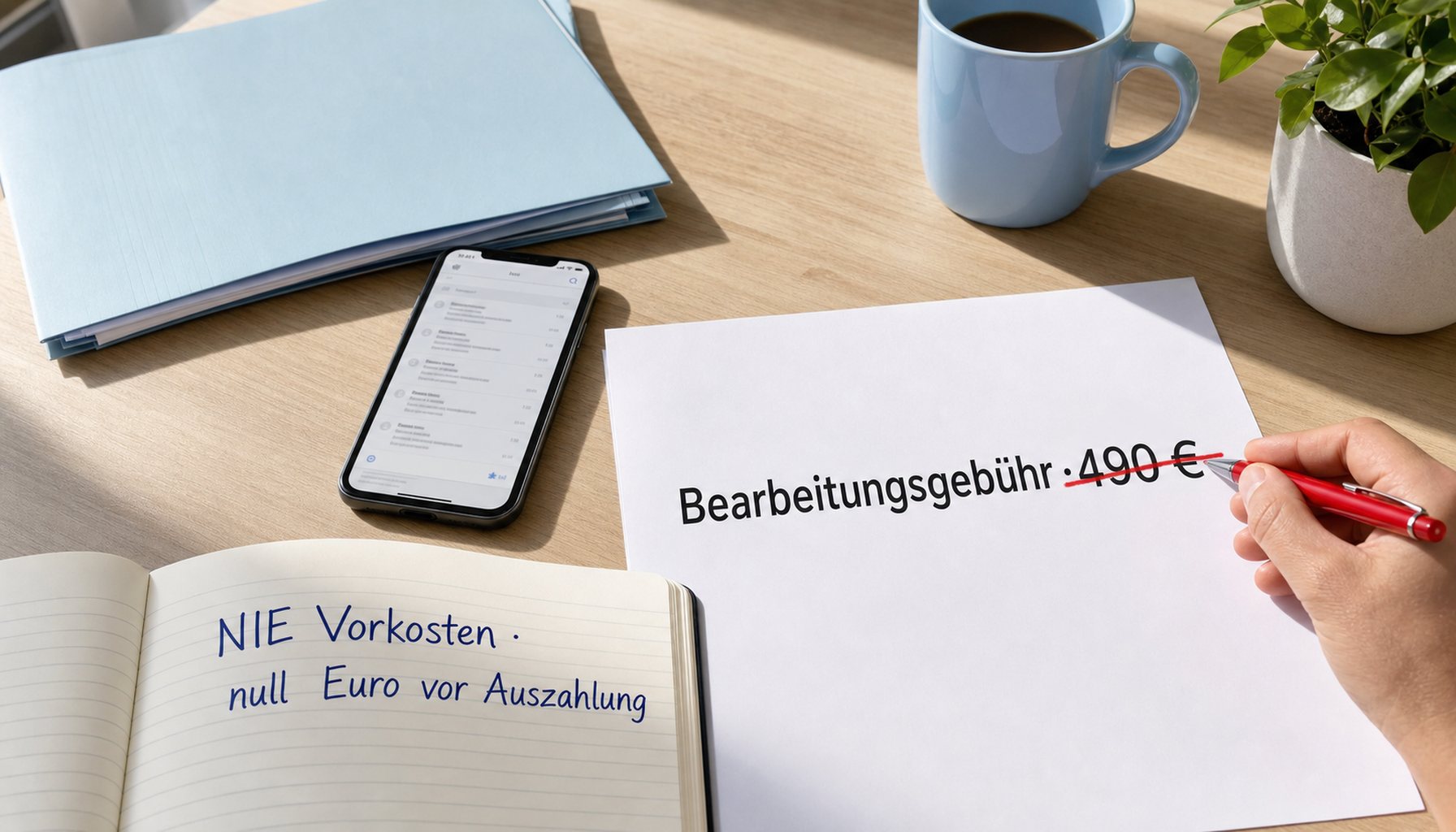Ausgedrucktes Schreiben mit Forderung Bearbeitungsgebühr 490 EUR, rot durchgestrichen; daneben Notizbuch mit handschriftlichem Vermerk NIE Vorkosten · null Euro vor Auszahlung in navy Tinte, hellblaue Tasse und Mappe als CI-Anker.