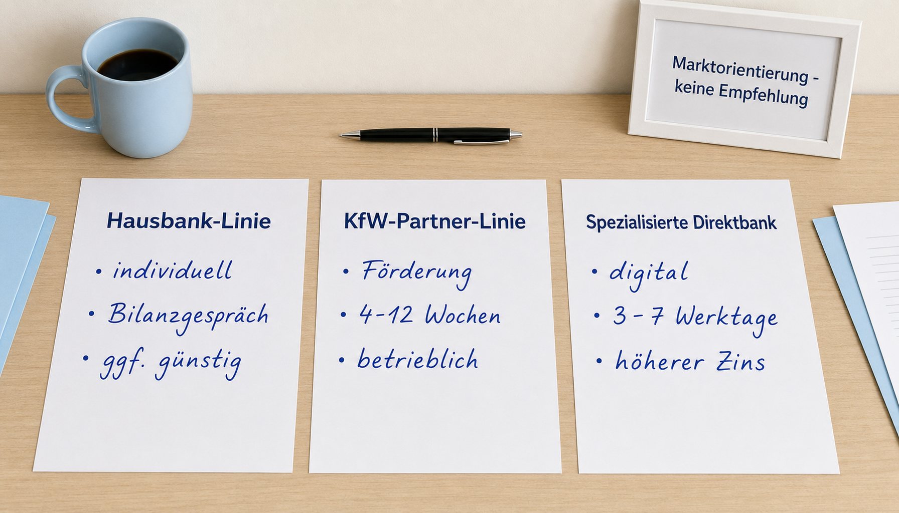 Drei nebeneinander angeordnete Info-Sheets auf hellem Holz: 'Hausbank-Linie', 'KfW-Partner-Linie', 'Spezialisierte Direktbank' – jeweils mit drei handschriftlichen Stichworten in blauer Tinte. Daneben hellblaue Tasse, gerahmter Hinweis 'Marktorientierung · keine Empfehlung'.