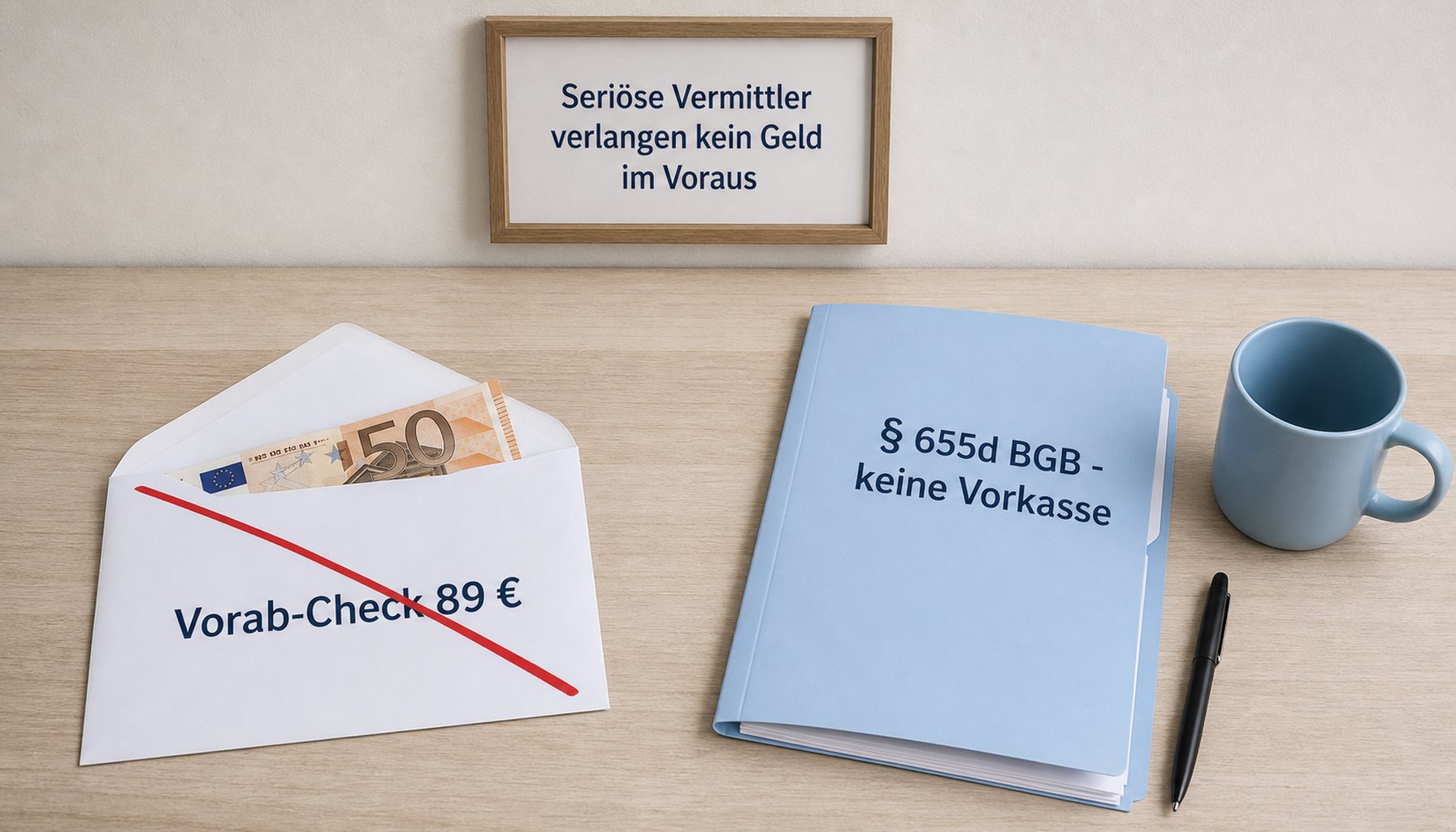 Sachliche Schreibtisch-Szene: links ein Umschlag 'Vorab-Check 89 €' mit Schein, klar rot durchgestrichen; rechts eine hellblaue Mappe '§ 655d BGB · keine Vorkasse' und ein gerahmter Hinweis 'Seriöse Vermittler verlangen kein Geld im Voraus'. Keine Personen im Bild.