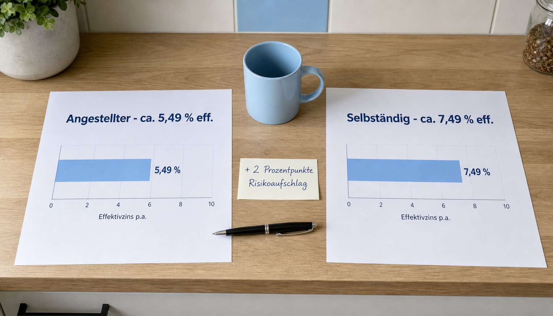Zwei nebeneinander liegende Info-Sheets auf hellem Holz: links 'Angestellter · ca. 5,49 % eff.' mit beschriftetem Balken '5,49 %', rechts 'Selbständig · ca. 7,49 % eff.' mit beschriftetem Balken '7,49 %'. Dazwischen hellblaue Tasse und Notiz '+ 2 Prozentpunkte Risikoaufschlag'.