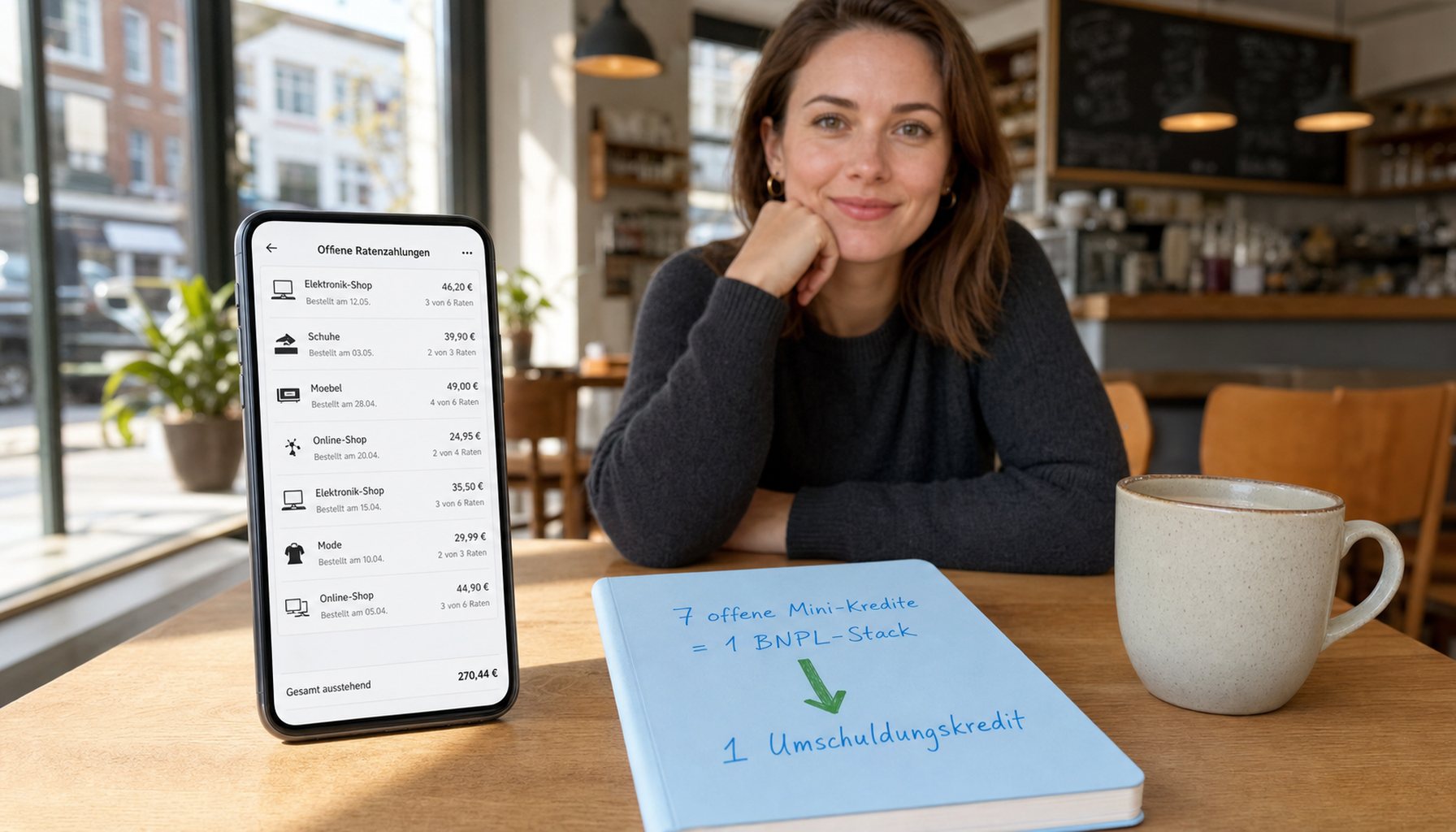 Smartphone von schräg oben auf hellem Tisch, Display zeigt fiktive BNPL-Ratenkauf-Übersicht mit mehreren kleinen Beträgen anonym. Frau Anfang 30 sitzt gegenüber, schaut in die Kamera (nicht auf das zur Kamera gerichtete Display). Hellblauer Notizblock mit handschriftlicher Summe '7 offene Mini-Kredite = 1 BNPL-Stack' als CI-Anker, grüner Pfeil zu '1 Umschuldungskredit'.