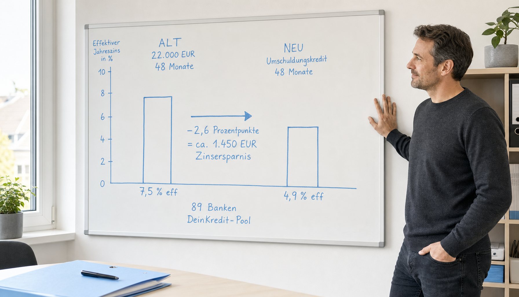Klares Balkendiagramm auf Whiteboard mit Achsenbeschriftungen — links eine Säule '7,5 % effektiv · Altkredit', rechts eine niedrigere Säule '4,9 % effektiv · Umschuldungskredit'. Pfeil und Beschriftung -2,6 Prozentpunkte = ca. 1.450 € Zinsersparnis in hellblauer Kreide.