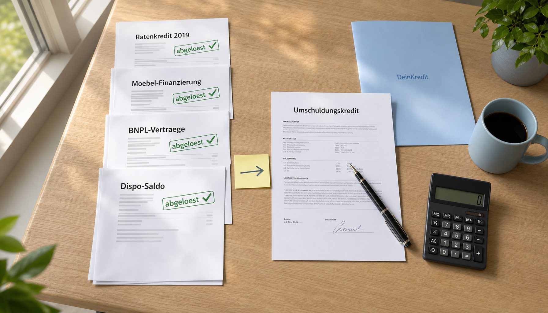 Top-down auf hellem Eichen-Schreibtisch, vier abgelöste Altverträge mit grünen Häkchen links aufgestapelt, daneben ein neuer einzelner 'Umschuldungskredit'-Vertrag mittig, Taschenrechner mit ruhigem dunklen Display, hellblaue DeinKredit-Mappe als CI-Anker, Pfeil aus hellblauer Kreide deutet von alt auf neu.