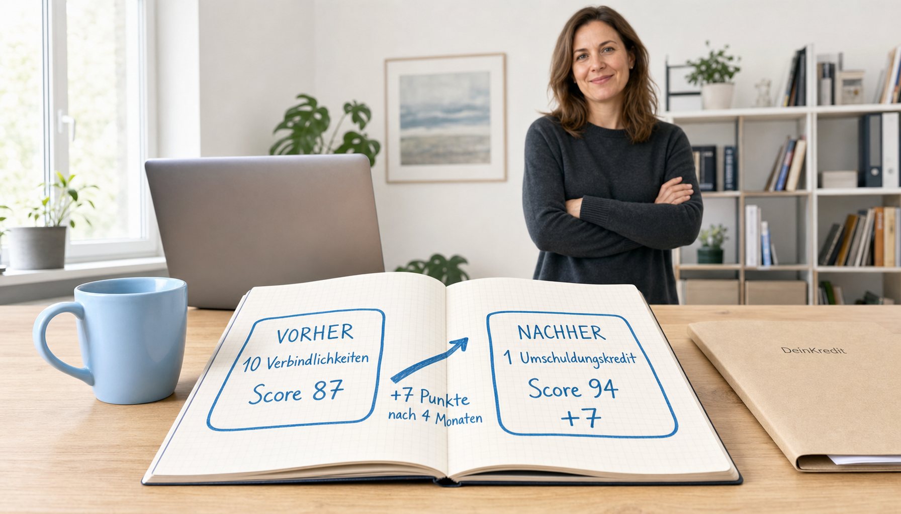 Helle Arbeitsfläche mit aufgeschlagenem Notizbuch in hellblauer Kreidestift-Optik. Links '10 Verbindlichkeiten · Score 87', rechts '1 Umschuldungskredit · Score 94 (+7)'. Pfeil nach oben mit Beschriftung '+7 Punkte nach 4 Monaten'. Laptop im Hintergrund mit Rückseite zur Kamera. Frau Ende 30 in anthrazitfarbenem Pullover steht ruhig daneben.