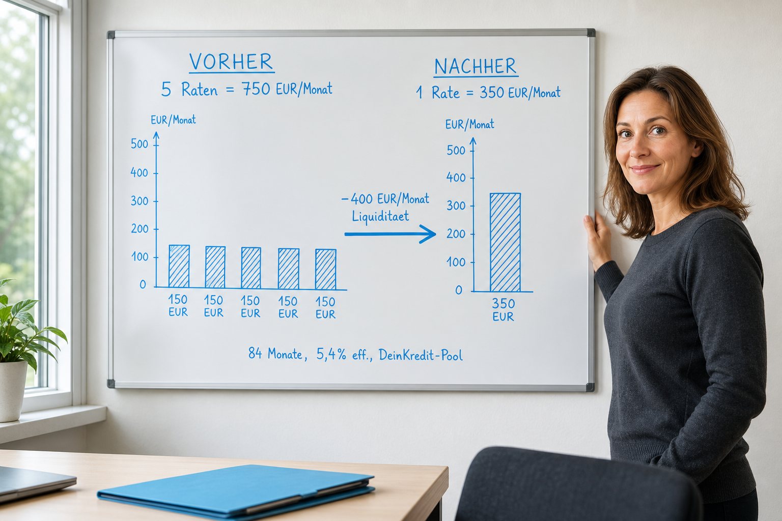 Klares Balkendiagramm auf Whiteboard mit Achsenbeschriftungen — links fünf einzelne hohe Säulen (Vorher: 5x 150€ = 750€/Monat), rechts eine einzige niedrigere Säule (Nachher: 350€/Monat). Pfeil und Beschriftung -400€/Monat in hellblauer Kreide.