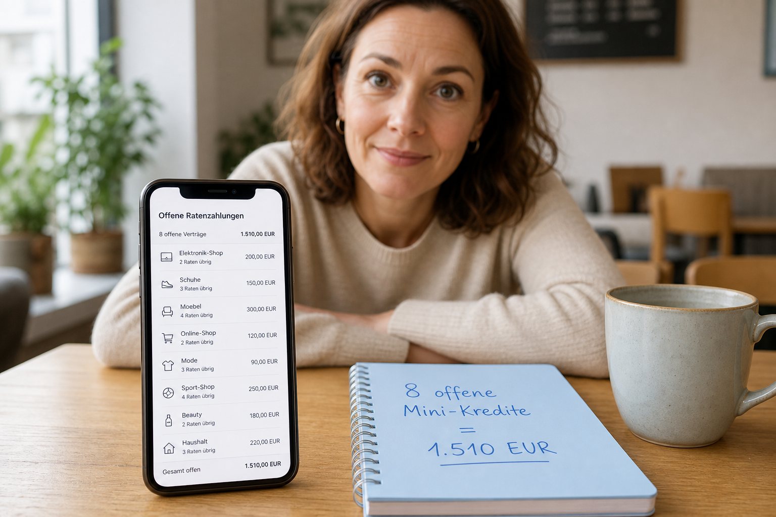 Smartphone von schräg oben auf hellem Tisch, Display zeigt fiktive Ratenkauf-Übersicht mit mehreren kleinen Beträgen anonym. Hand am Rand mit fünf sichtbaren Fingern. Daneben ein hellblauer Notizblock mit handschriftlicher Summe 8 BNPL = 1.510 € als CI-Anker.
