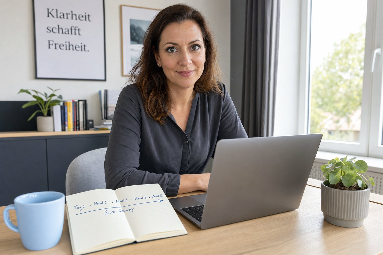 Laptop mit Rückseite zur Kamera auf hellem Tisch, Frau Ende 30 in anthrazitgrauer Bluse schaut entspannt in die Kamera. Auf einem Notizbuch handschriftliche Score-Stationen Tag 1 - Monat 1 - Monat 6 - Monat 12 in hellblauer Tinte. Hellblaue Kaffeetasse im Vordergrund.