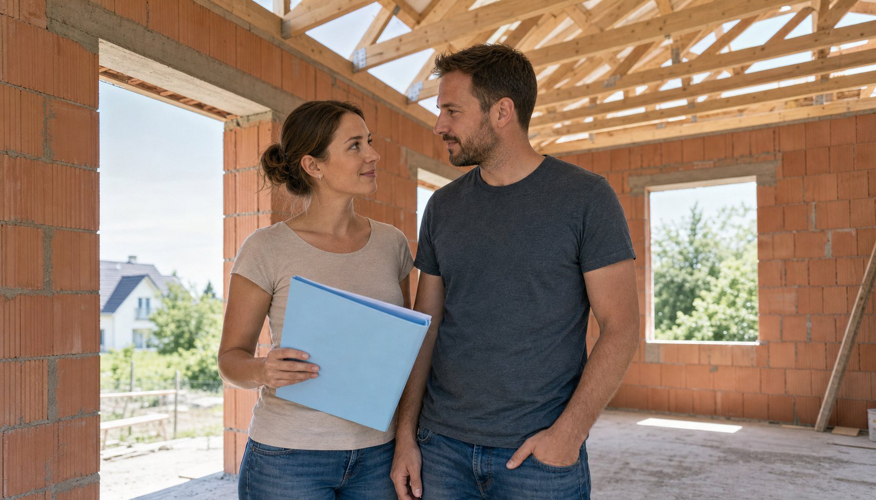 Junges Paar Anfang 30 steht entspannt im Rohbau ihres künftigen Einfamilienhauses, klassische deutsche Architektur (Massivbau, Hohlblocksteine, Holzbalken-Dachstuhl im Hintergrund). Beide tragen neutrale Alltagskleidung, klar geöffnete Augen, sehen sich gegenseitig an. Hellblaue Bauplan-Mappe in der Hand der Frau als CI-Anker. Tageslicht durch noch unverputzte Fensteröffnungen.