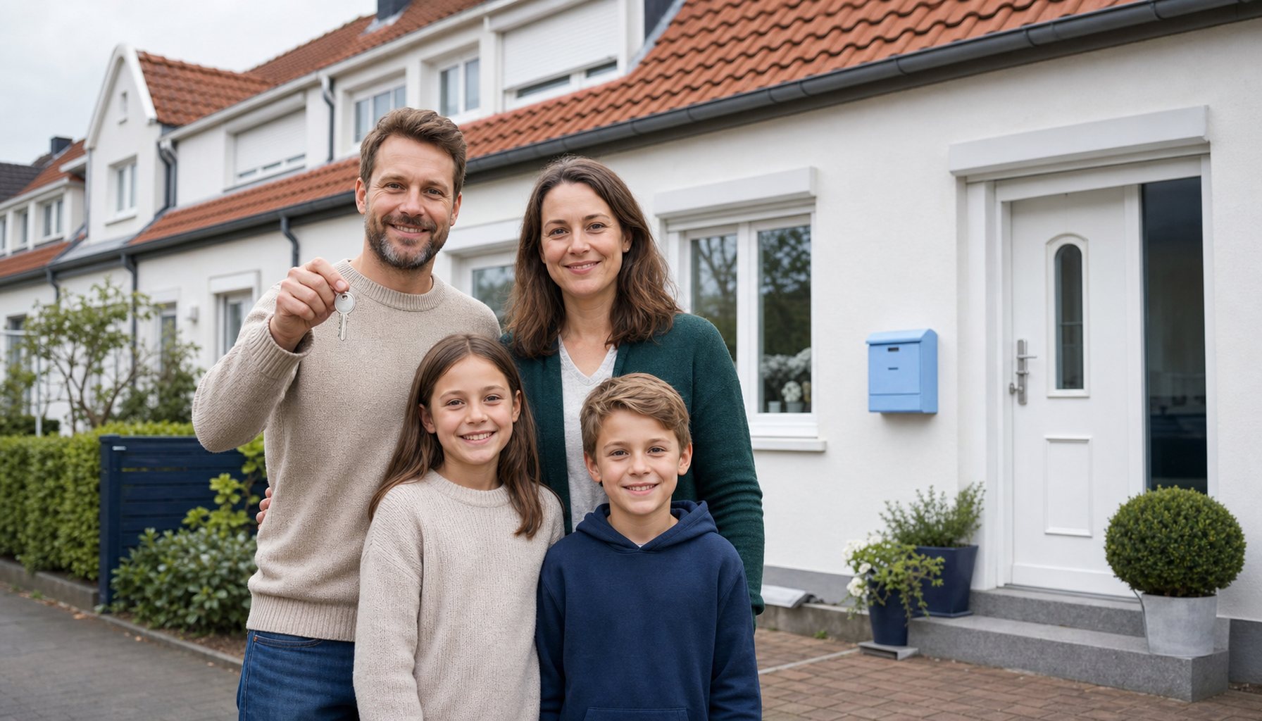 Familie mit zwei Kindern Anfang/Mitte 30 steht entspannt vor einem klassischen deutschen Reihenhaus mit rotem Tonziegel-Dach, weißem Putz und Rollladenkasten über dem Fenster. Vater hält im linken Arm einen Schlüssel hoch, Mutter und Kinder lachen, alle haben klar geöffnete Augen mit deutlich sichtbaren Pupillen. Hellblauer Briefkasten als CI-Anker neben der weißen Haustür.