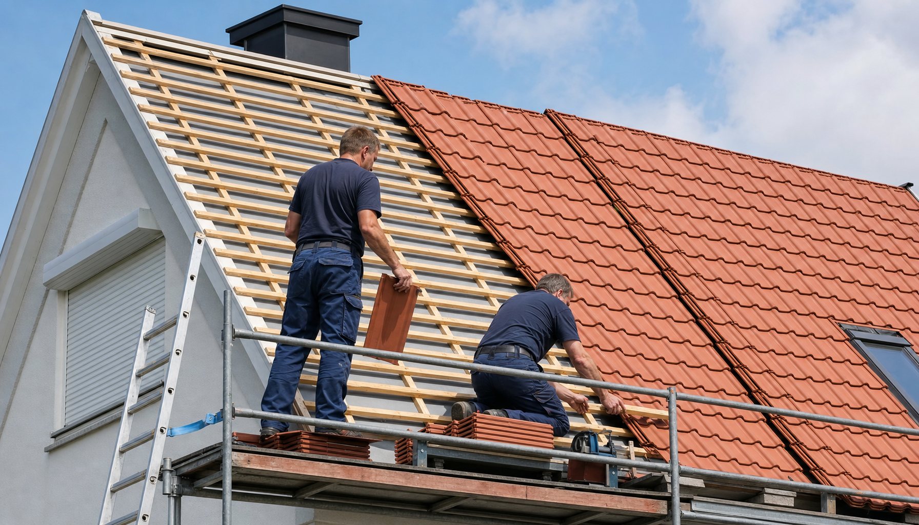 Dach eines deutschen Einfamilienhauses in der Neueindeckung: rechte Seite frisch eingedeckt mit roten Tonziegeln, linke Seite noch im Rohzustand mit sichtbarer Holzlattung. Zwei Handwerker auf dem Dachgerüst in neutraler dunkelblauer Arbeitskleidung ohne Marken-Logos, einer trägt einen Tonziegel, der andere richtet die Lattung aus. Hände sichtbar mit je fünf Fingern. Im Hintergrund weiß verputzte Giebelseite mit Rollladenkasten. CI-Hellblaues Geländerband an der Leiter im Vordergrund. Helles Tageslicht früher Nachmittag.
