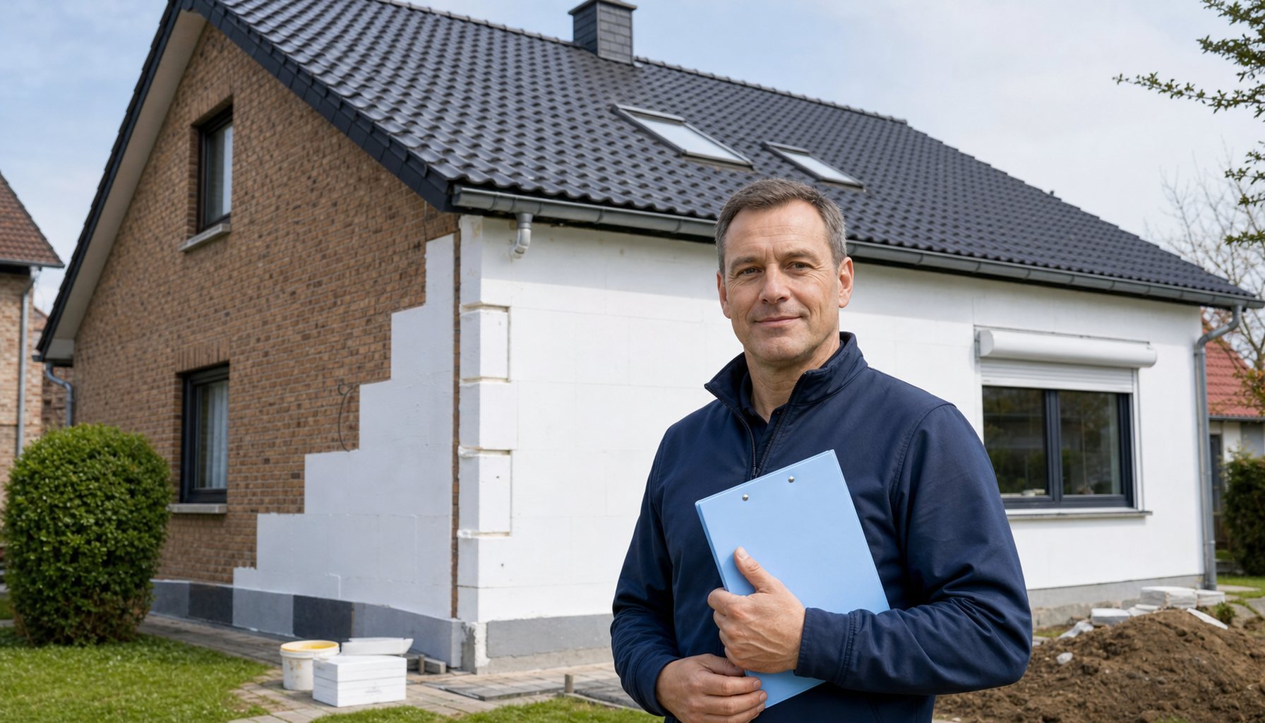 Außenansicht eines deutschen Einfamilienhauses Baujahr 1970er während der Fassadendämmung. Linke Hälfte zeigt die alte unverputzte Klinker-Fassade, rechte Hälfte zeigt die frisch gedämmte und weiß verputzte Fassade mit Rollladenkasten über dem Fenster. Ein Bauleiter in neutraler dunkelblauer Jacke (ohne Marken-Logo) steht im Vordergrund mit hellblauer Klemmbrett-Mappe als CI-Anker, klar geöffnete Augen, Blick zur Kamera. Anthrazit Tonziegel-Dach. Heller Tag, neutraler Weißabgleich.