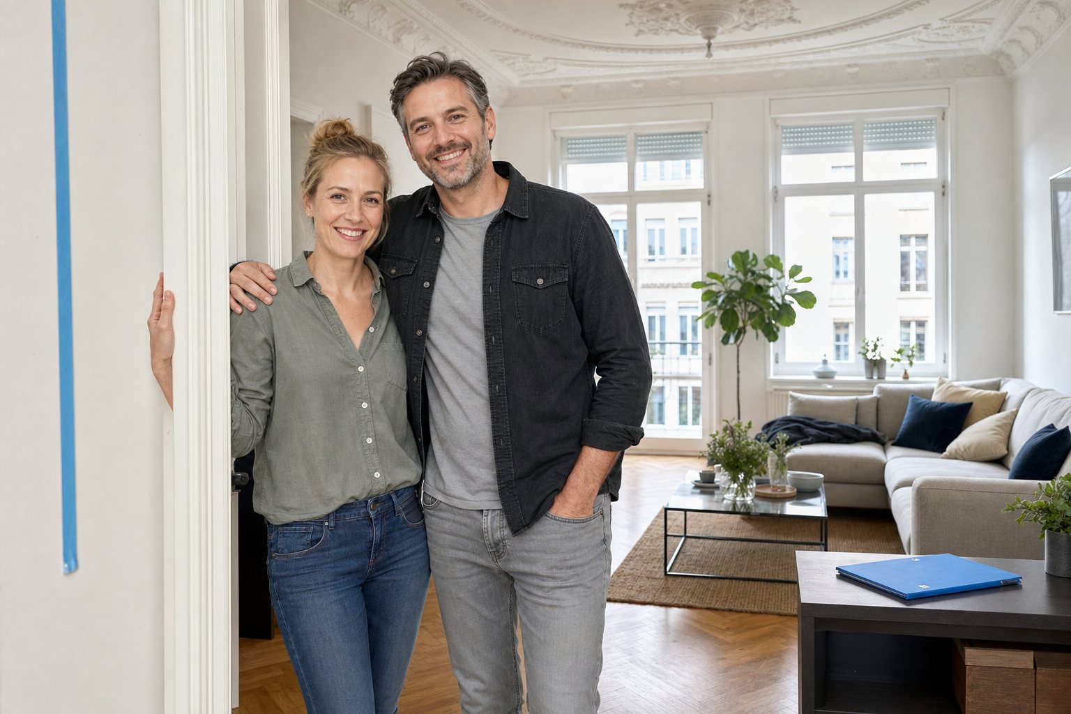 Paar Anfang 40 steht entspannt und lachend in einem frisch modernisierten Altbau-Wohnzimmer mit klassischer deutscher Architektur (weiß verputzte Wände, Stuck-Decke, hohe Sprossenfenster mit Rollladenkasten). Beide haben klar geöffnete Augen mit deutlich sichtbaren Pupillen und schauen in die Kamera, sein Arm liegt um ihre Schulter. Hellblauer Maler-Kreppband-Streifen an der Wand und eine hellblaue Mappe als CI-Anker. Tageslicht durch große weiße Sprossenfenster.
