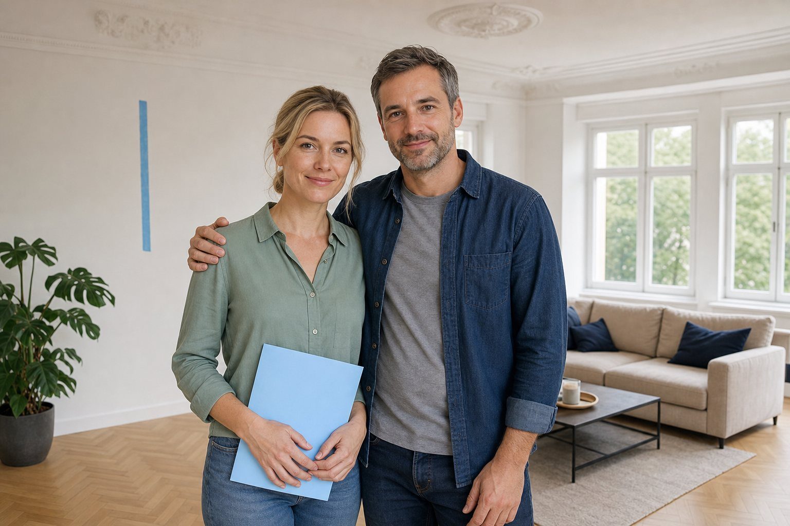 Paar Anfang 40 steht entspannt und lachend in einem frisch modernisierten Altbau-Wohnzimmer mit klassischer deutscher Architektur (weiß verputzte Wände, Stuck-Decke, hohe Sprossenfenster mit Rollladenkasten). Beide haben klar geöffnete Augen mit deutlich sichtbaren Pupillen und schauen in die Kamera, sein Arm liegt um ihre Schulter. Hellblauer Maler-Kreppband-Streifen an der Wand und eine hellblaue Mappe als CI-Anker. Tageslicht durch große weiße Sprossenfenster.