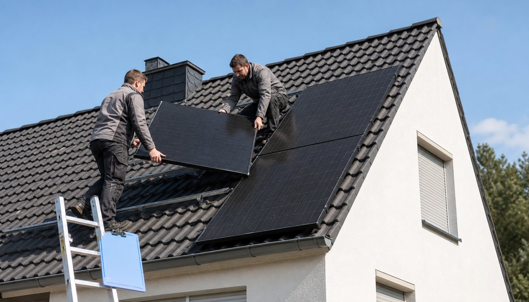 Schräger Blick auf das anthrazit Tonziegel-Dach eines deutschen Einfamilienhauses mit teilweise installierten Photovoltaik-Modulen in mattem Anthrazit. Zwei Handwerker in neutraler Arbeitskleidung ohne Marken-Logos verlegen auf dem Dach ein weiteres Modul. Hände sichtbar mit je fünf Fingern in entspannter Halteposition am Modulrahmen. Im Hintergrund weiß verputzte Giebelseite, Rollladenkasten. Blauer Himmel, helles Tageslicht früher Nachmittag, kein Goldlicht. CI-Hellblau in der dezenten Bauleiter-Mappe auf der Leiter im Vordergrund.