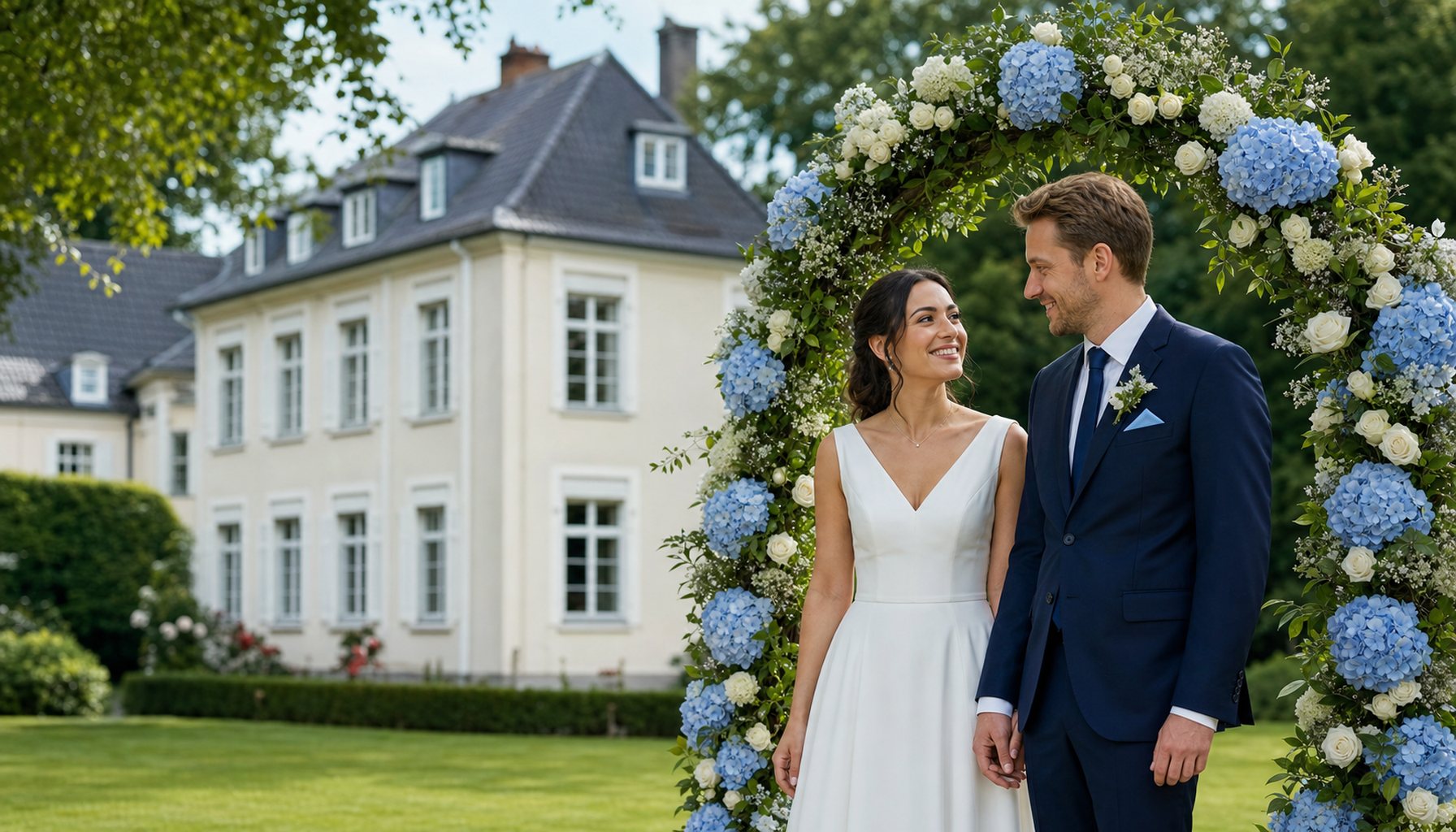 Junges Brautpaar Anfang 30 Hand in Hand vor einem hellen freien Blumenbogen mit weißen und hellblauen Blüten in einem deutschen Park; lachen sich an, klar geöffnete Augen, Tageslicht-Atmosphäre.