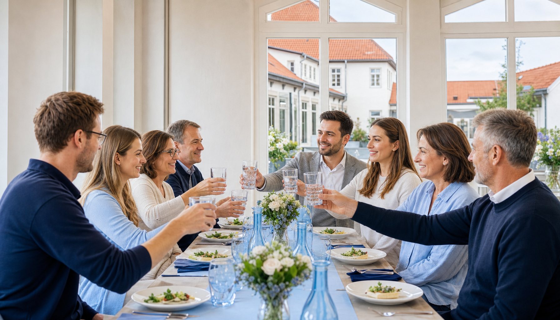 Familie Mitte 50 und Brautpaar Anfang 30 an einer langen festlich gedeckten Tafel im hellen Esszimmer eines deutschen Hofguts; alle lachen, klar geöffnete Augen, hellblaue Tischläufer und hellblaue Wasserkaraffen als CI-Anker, draußen sichtbar Tageslicht und rote Tonziegel-Dächer.