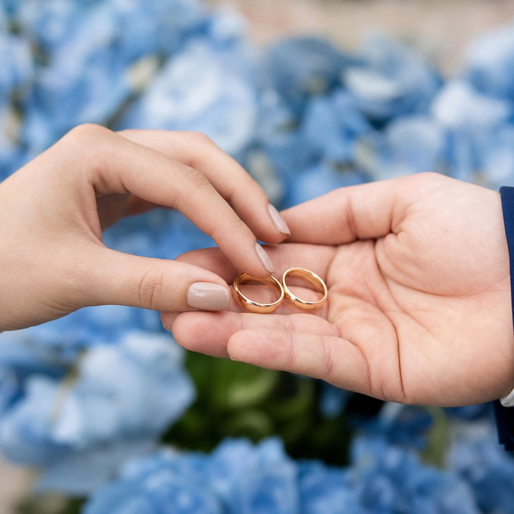 Detailaufnahme zweier Hände, die sich schlichte goldene Eheringe übergeben; weicher heller Hintergrund mit hellblauen Hortensien dezent unscharf als CI-Anker. Fingernägel sauber, fünf Finger sichtbar je Hand, keine Marken-Stempel im Ring sichtbar.
