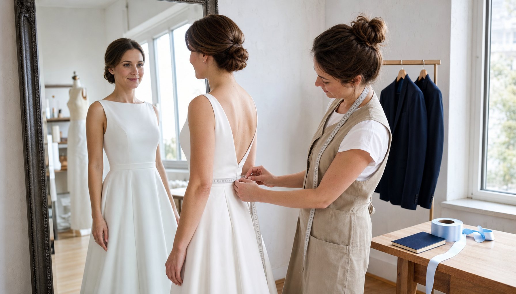 Frau Anfang 30 in schlichtem eleganten weißen Brautkleid steht vor einem hohen Spiegel in einem hellen Atelier, ein Schneider passt ärmellos an; ruhiges Lächeln, klar geöffnete Augen, hellblauer Stoffballen im Hintergrund als CI-Anker.