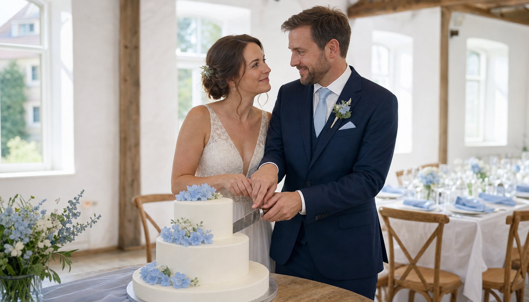 Brautpaar Mitte 30 schneidet gemeinsam eine schlichte dreistöckige weiße Hochzeitstorte an, lachen sich an mit offenen Augen; im Hintergrund festlich gedeckte lange Tafel mit hellblauen Servietten als CI-Anker.